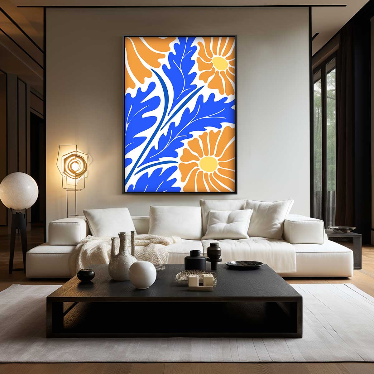 Bloeiend Blauw Oranjetapijt Kunstwerk-canvas-dibond-plexiglas-wanddecoratie-WallArtistic