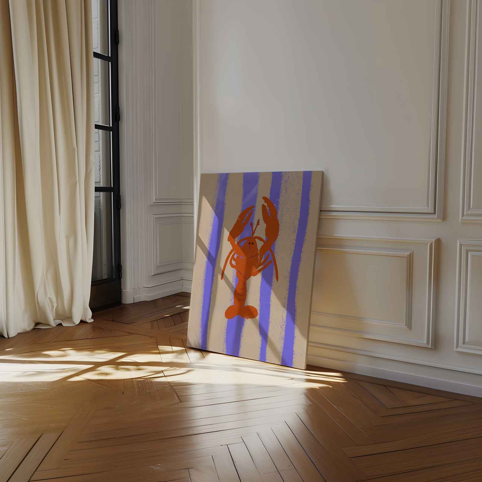 Dansende Kreeft op Streepjesachtergrond Kunstwerk-canvas-dibond-plexiglas-wanddecoratie-WallArtistic