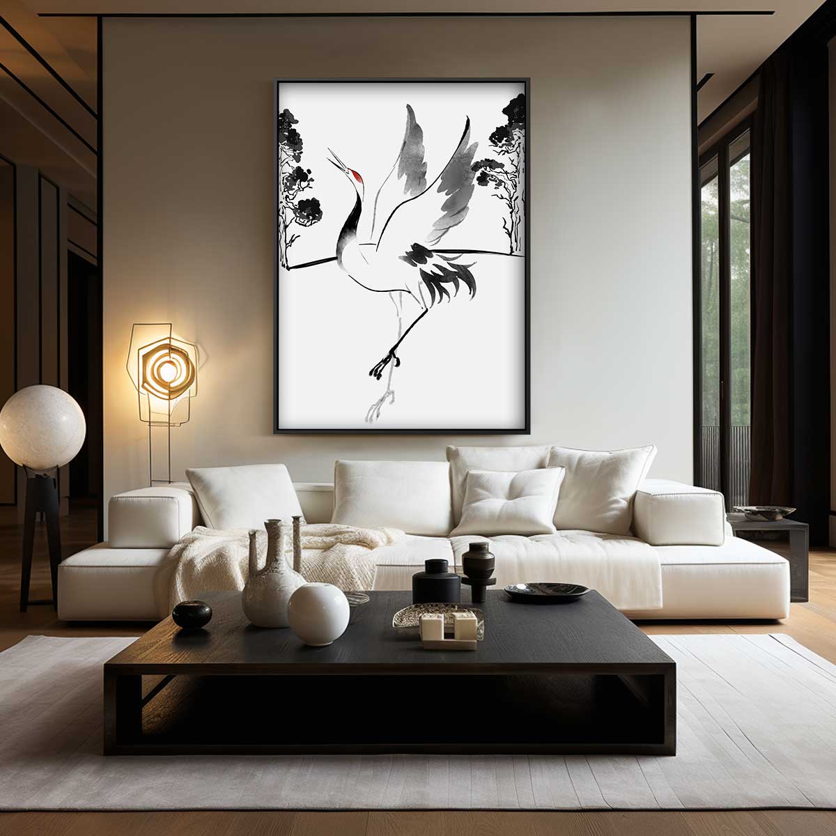 Dansende Kraanvogel in Inkt Kunstwerk-canvas-dibond-plexiglas-wanddecoratie-WallArtistic