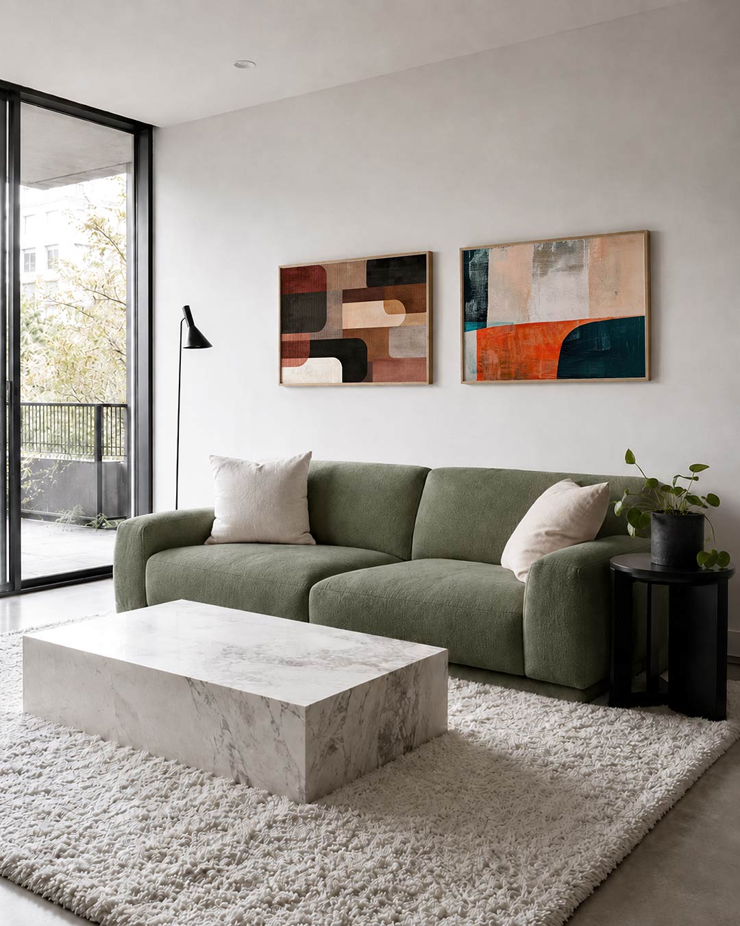 Twee liggende posters met rechthoeken en afgeronde vormen in warme aardetinten, aan de muur in een interieur