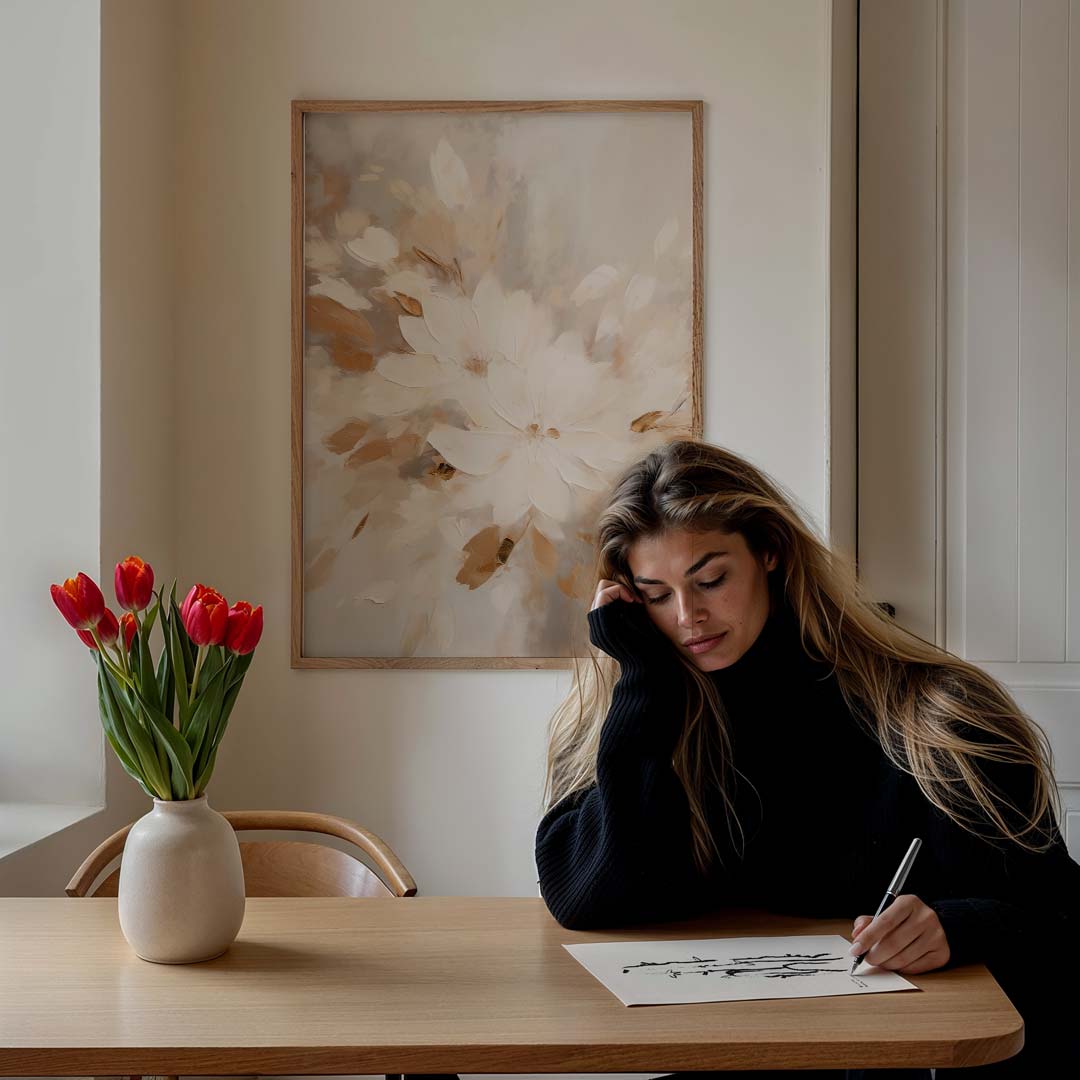 Elegante Bloemenpracht in Neutrale Tinten Poster-WallArtistic