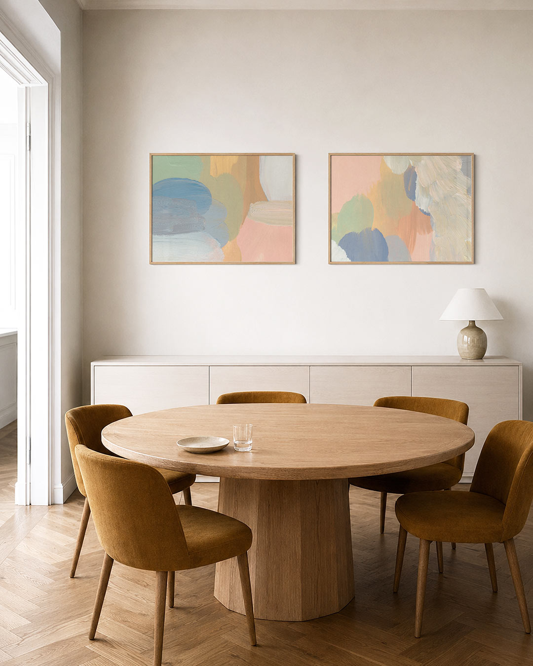 Interieurbeeld met twee liggende posters: zachte penseelstreken in pastelkleuren