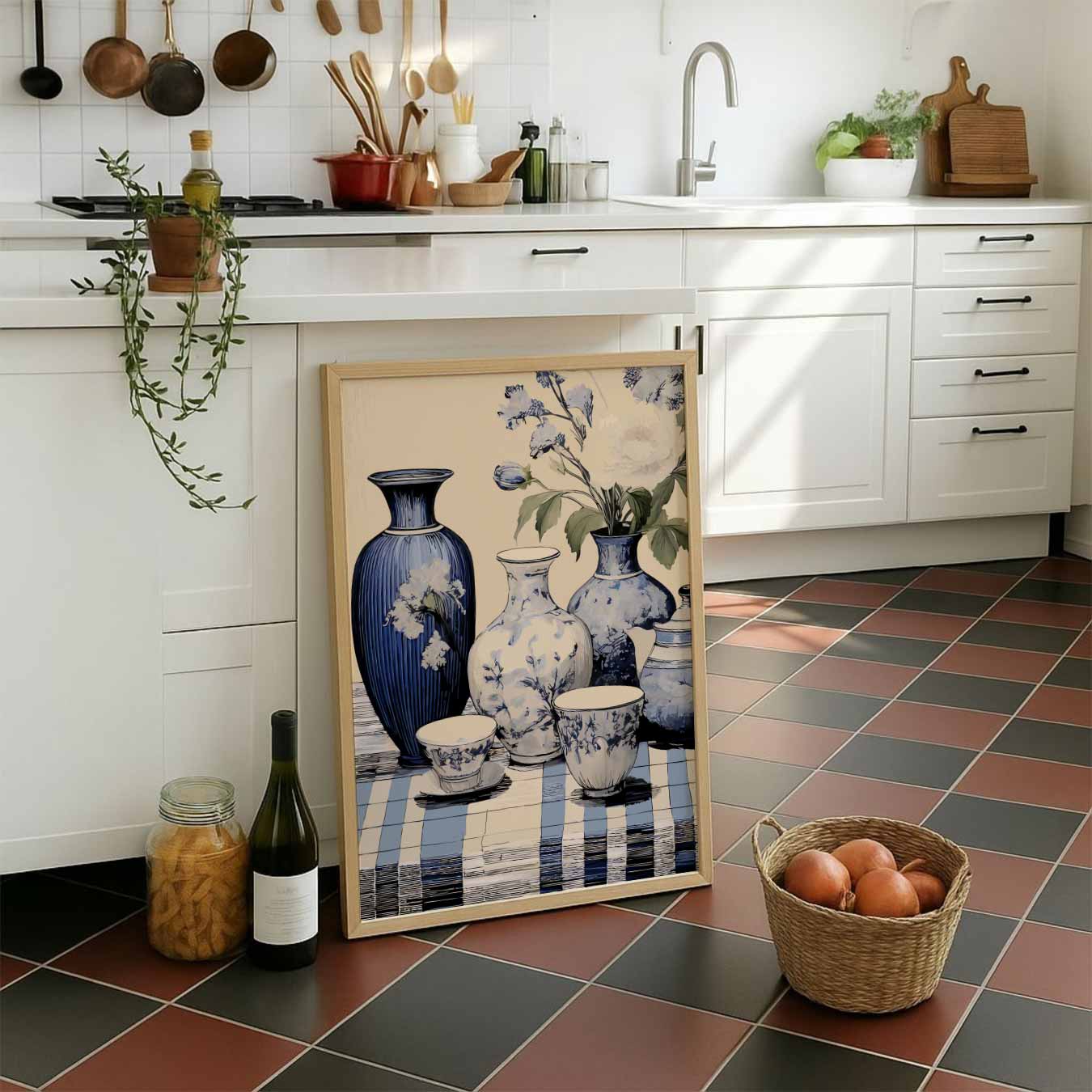 Elegant Blauwe Vaas Bloemen Poster