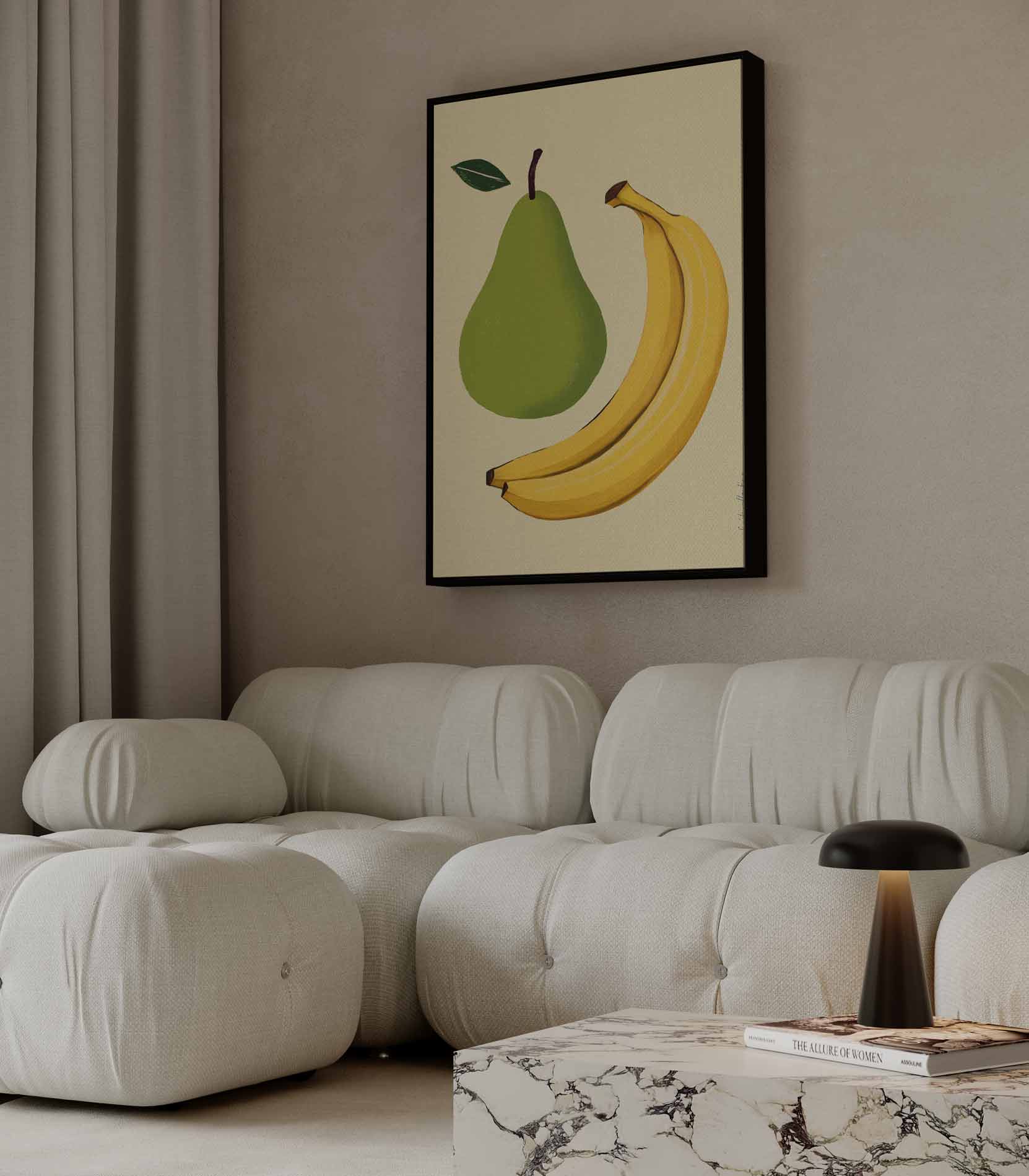 Speelse Perens en Bananen Illustratie Kunstwerk-canvas-dibond-plexiglas-wanddecoratie-WallArtistic