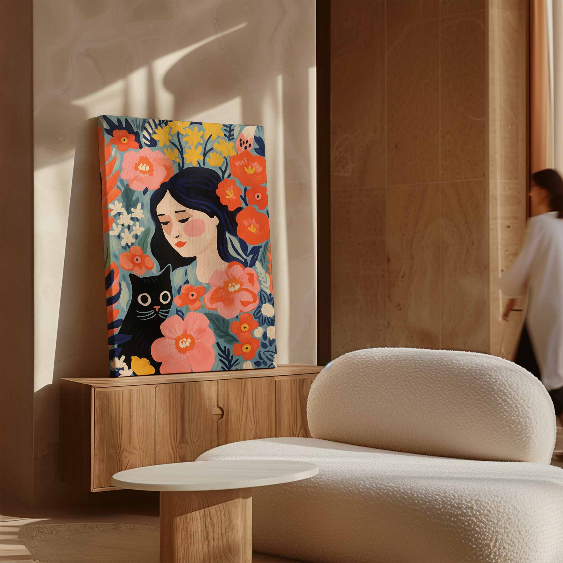 Bloemendroom met Kat Kunstwerk-canvas-dibond-plexiglas-wanddecoratie-WallArtistic