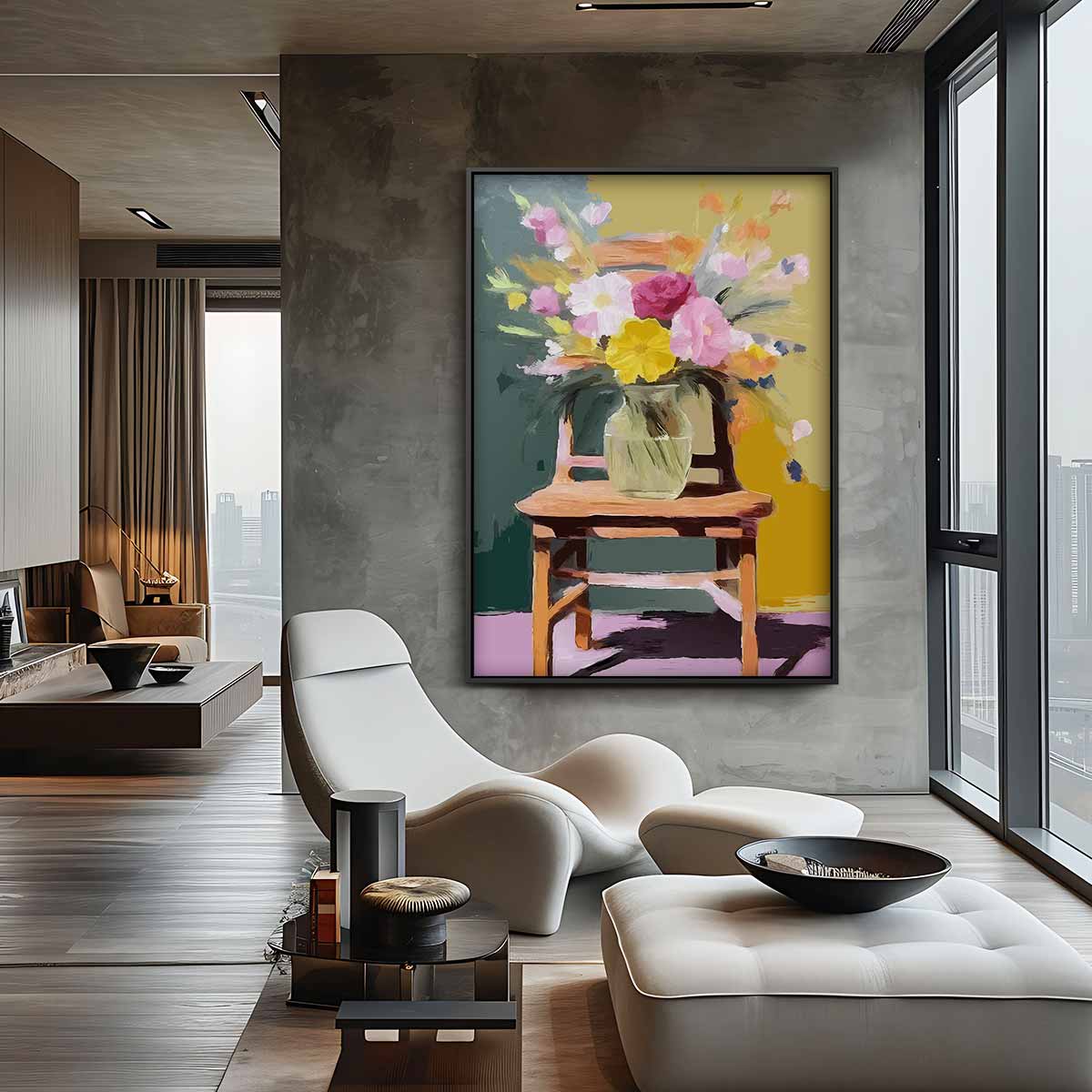 Bloemrijke Stoel Kunstwerk-canvas-dibond-plexiglas-wanddecoratie-WallArtistic