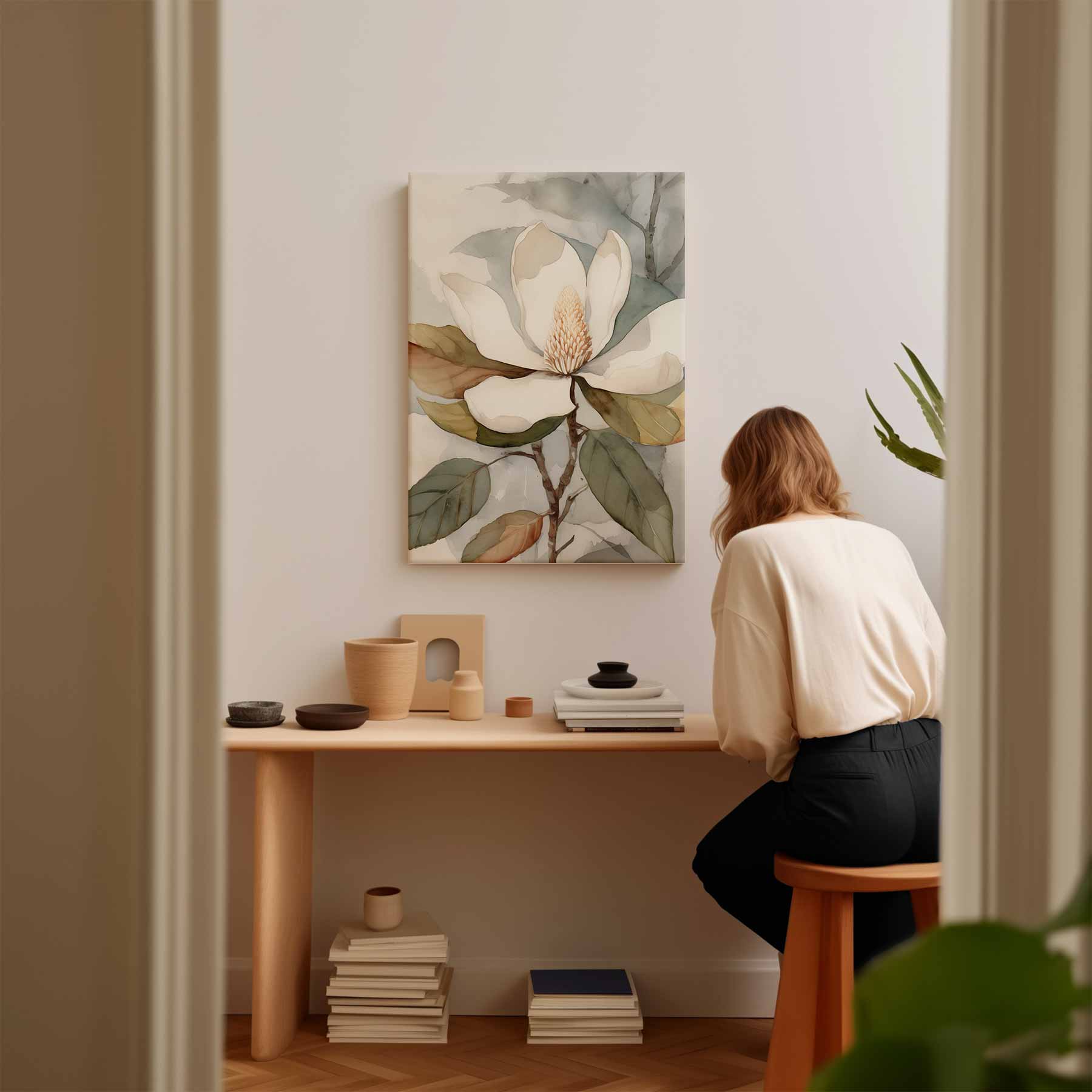 Elegante Magnolia Aquarel Kunstwerk-canvas-dibond-plexiglas-wanddecoratie-WallArtistic