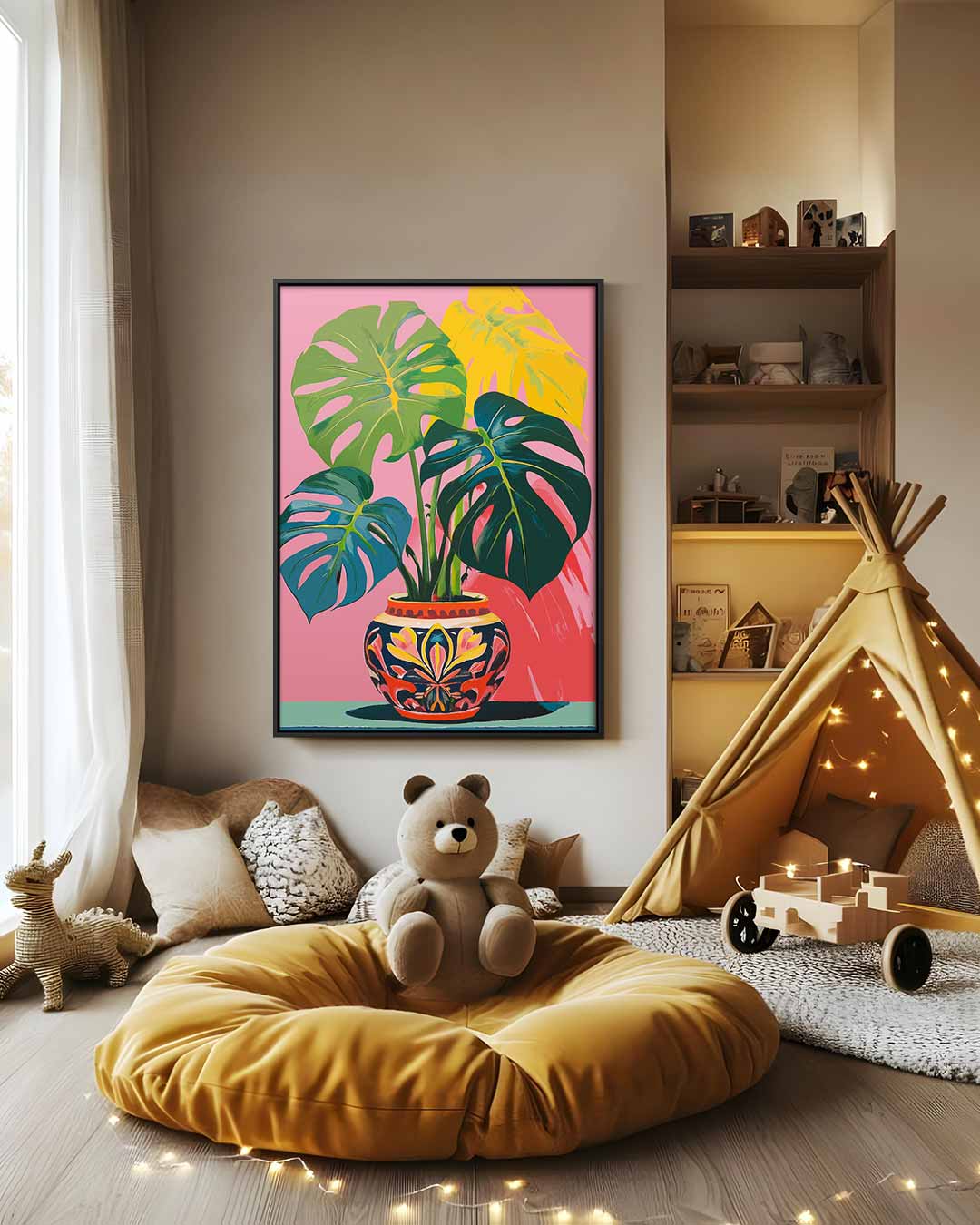Tropische Monstera in Kleurrijke Pot Kunstwerk-canvas-dibond-plexiglas-wanddecoratie-WallArtistic