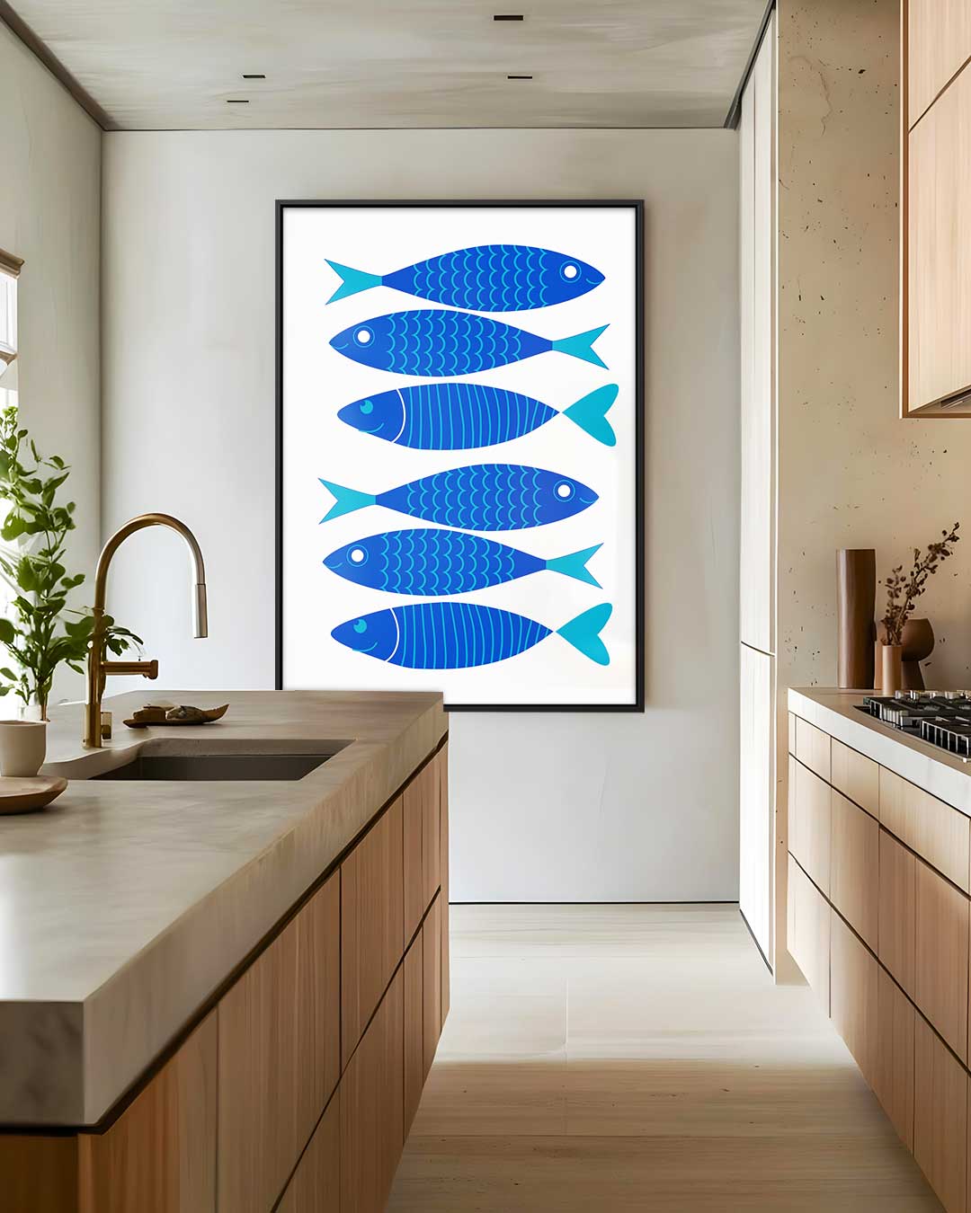 Vrolijke Blauwe Vissenschilderij Kunstwerk-canvas-dibond-plexiglas-wanddecoratie-WallArtistic