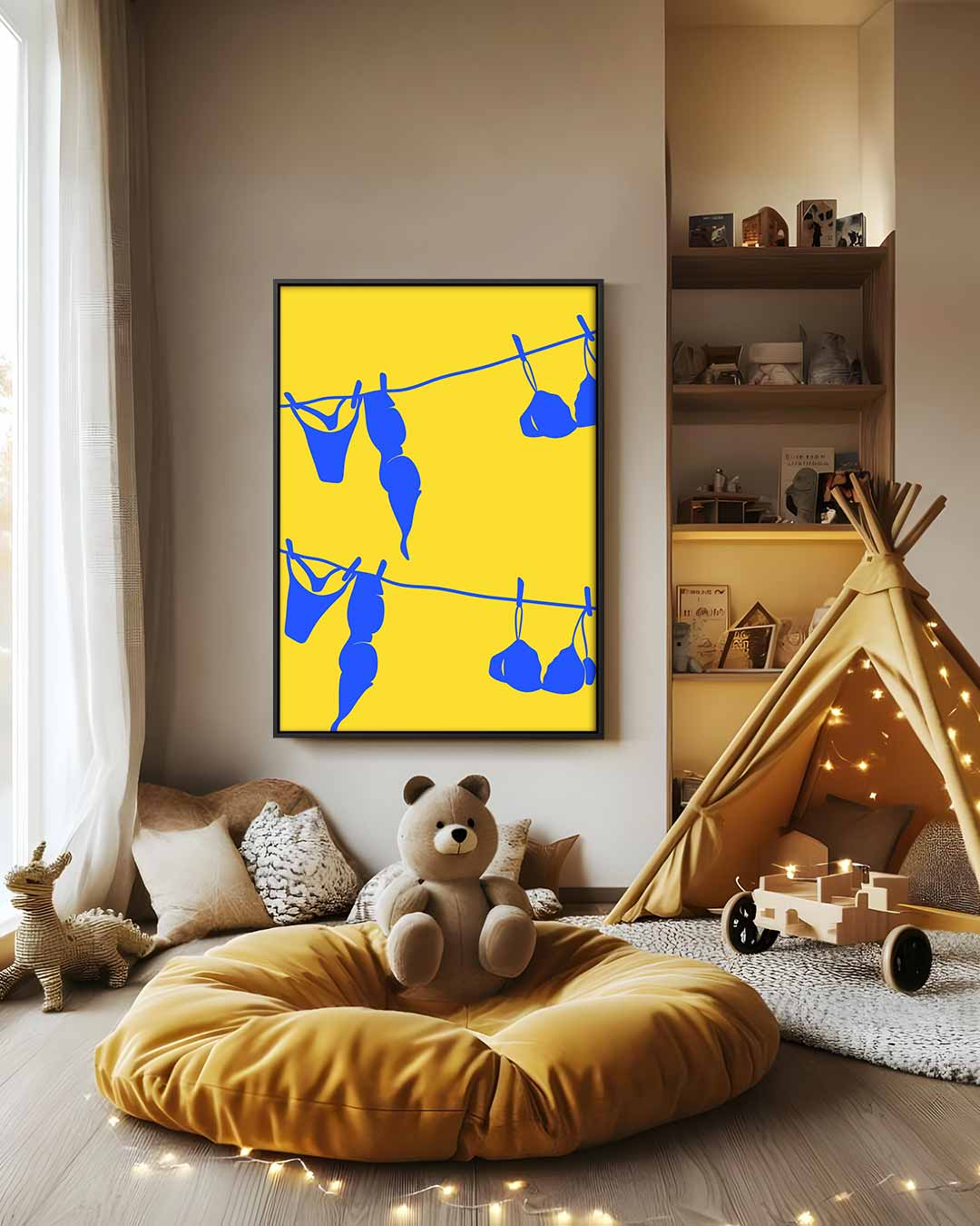 Blauw Wasgoed op Gele Draad Kunstwerk-canvas-dibond-plexiglas-wanddecoratie-WallArtistic