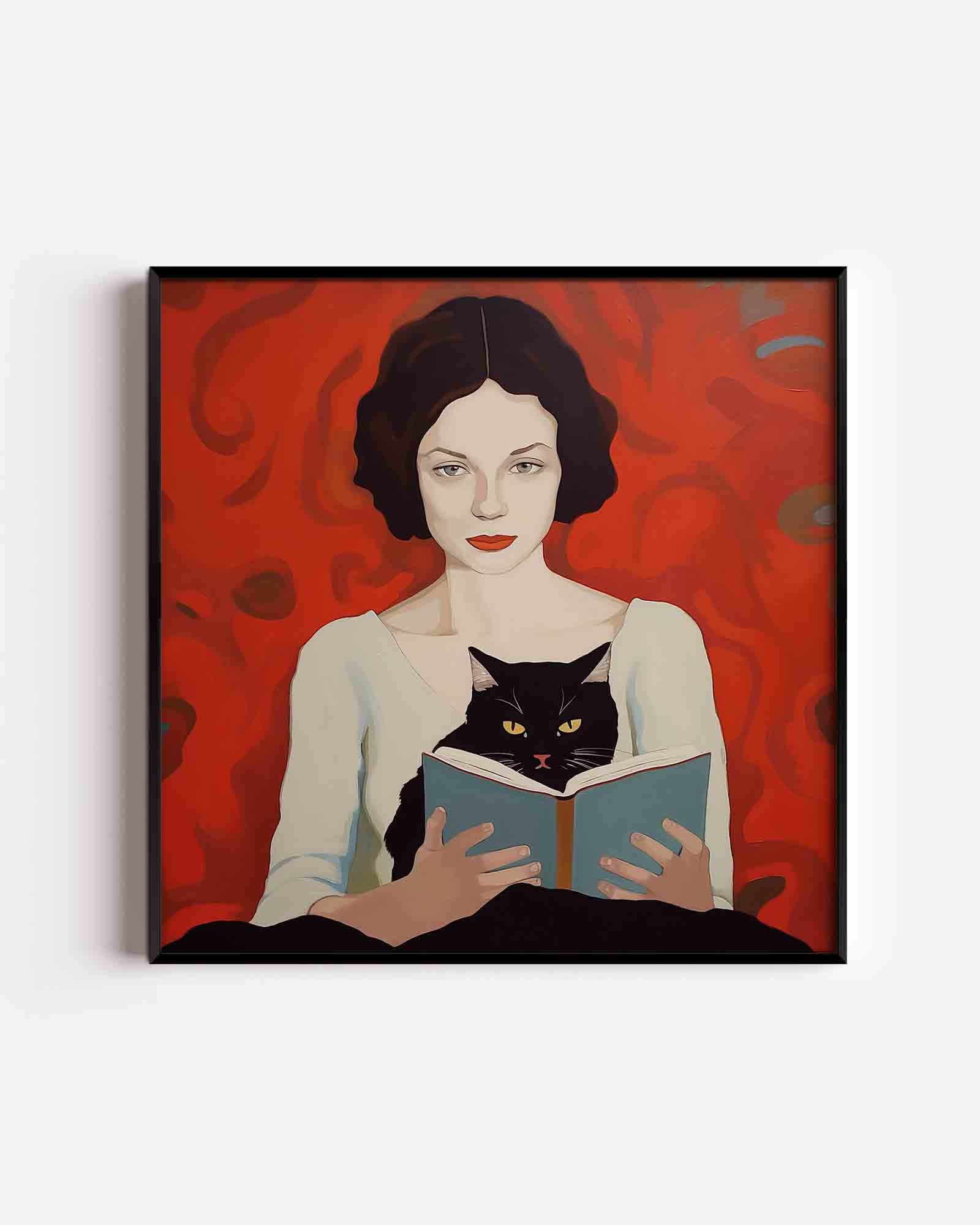 Vrouw met kat en boek Poster