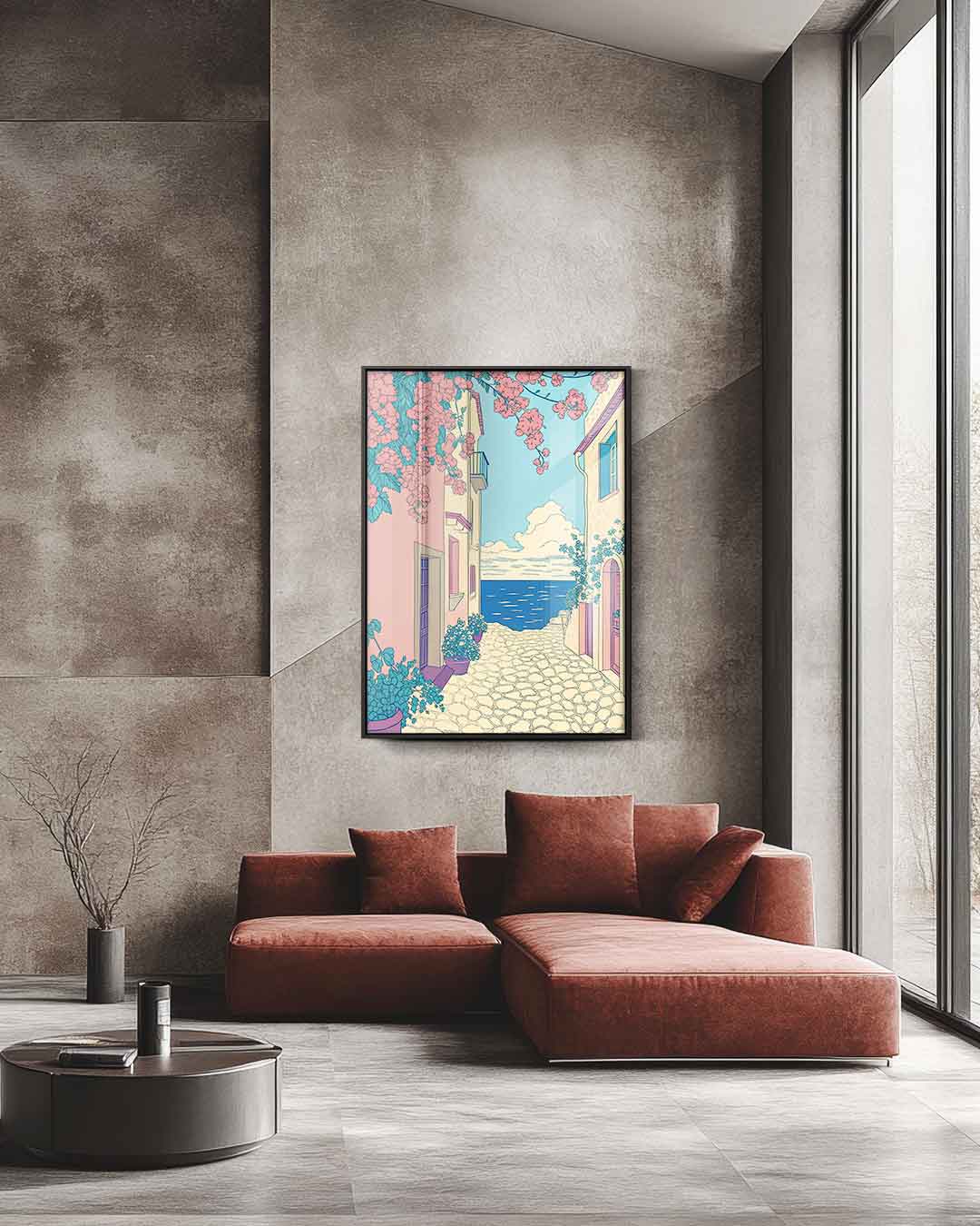 Zomerse Straat aan Zee Kunstwerk-canvas-dibond-plexiglas-wanddecoratie-WallArtistic