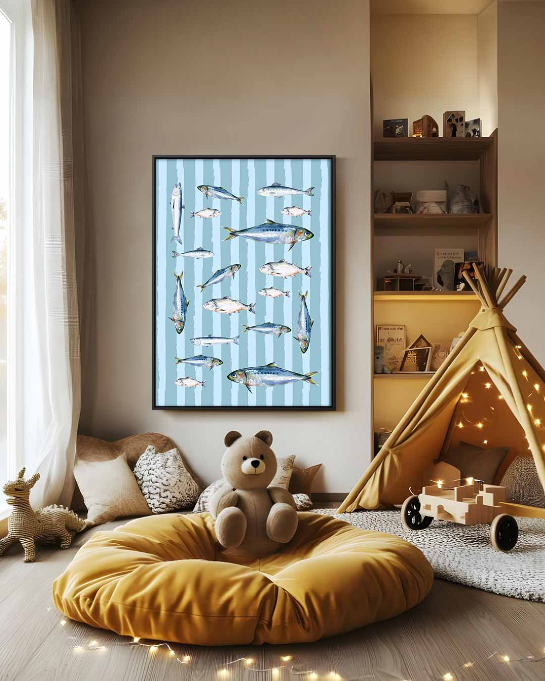 Speelse Visjes op Blauwe Strepen Kunstwerk-canvas-dibond-plexiglas-wanddecoratie-WallArtistic