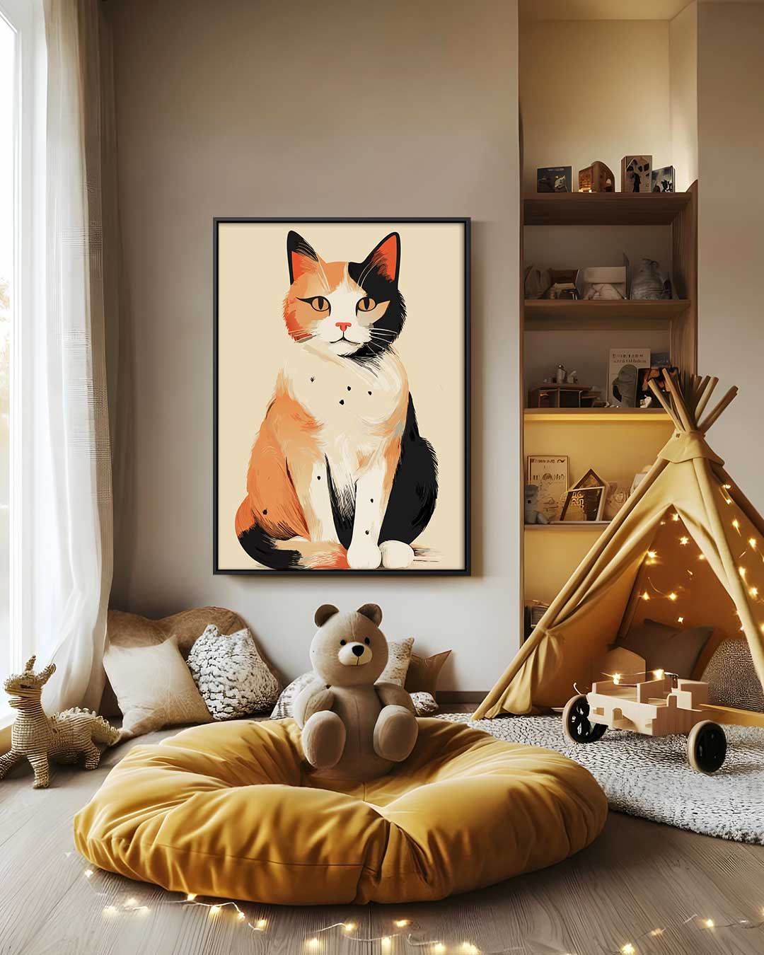 Schattige Driekleurige Kattenillustratie Kunstwerk-canvas-dibond-plexiglas-wanddecoratie-WallArtistic