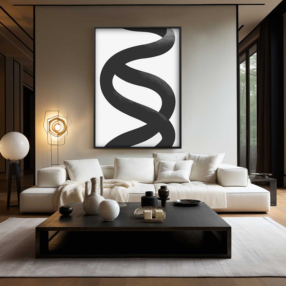 Zwarte Werveling op Wit Kunstwerk-canvas-dibond-plexiglas-wanddecoratie-WallArtistic