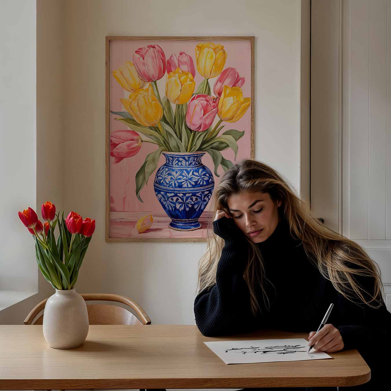 Bloeiende Tulpen in Blauwe Vaas Poster
