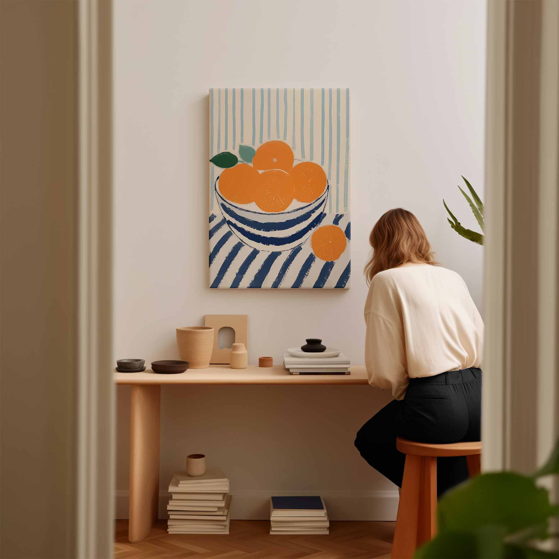 Zonnige Sinaasappels in Streepjesland Kunstwerk-canvas-dibond-plexiglas-wanddecoratie-WallArtistic