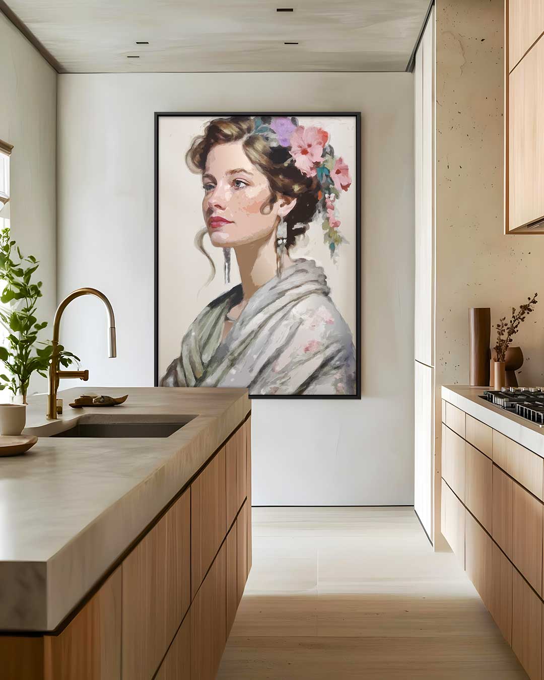 Elegant Portret van een Vrouw met Bloemen Kunstwerk-canvas-dibond-plexiglas-wanddecoratie-WallArtistic