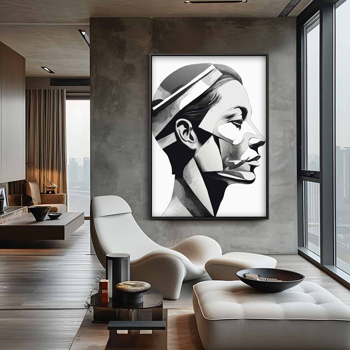 Geometrisch Portret in Grijstinten Kunstwerk-canvas-dibond-plexiglas-wanddecoratie-WallArtistic