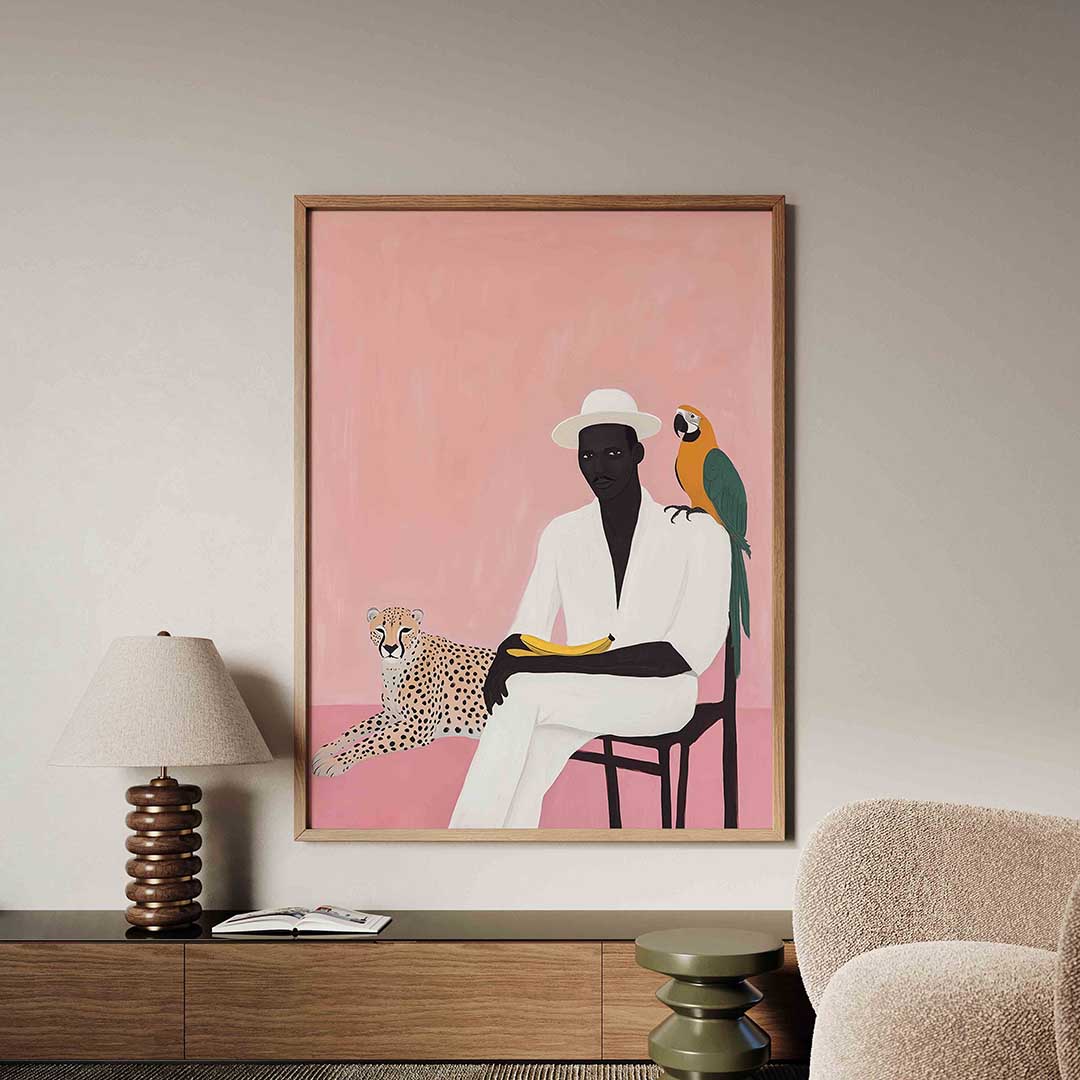 Man met papegaai en cheetah Poster