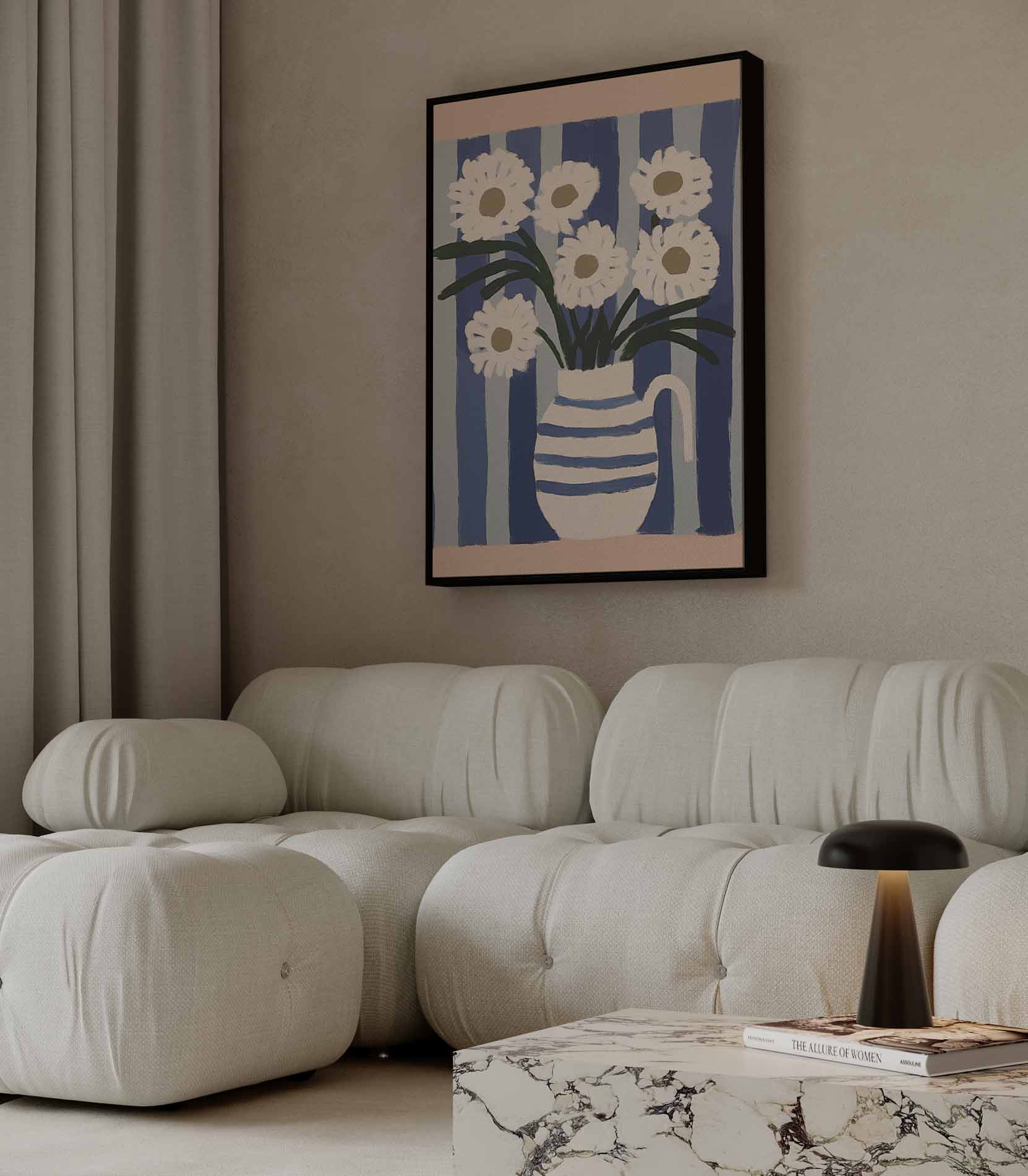 Bloemen in Blauwe Strepen Kunstwerk-canvas-dibond-plexiglas-wanddecoratie-WallArtistic