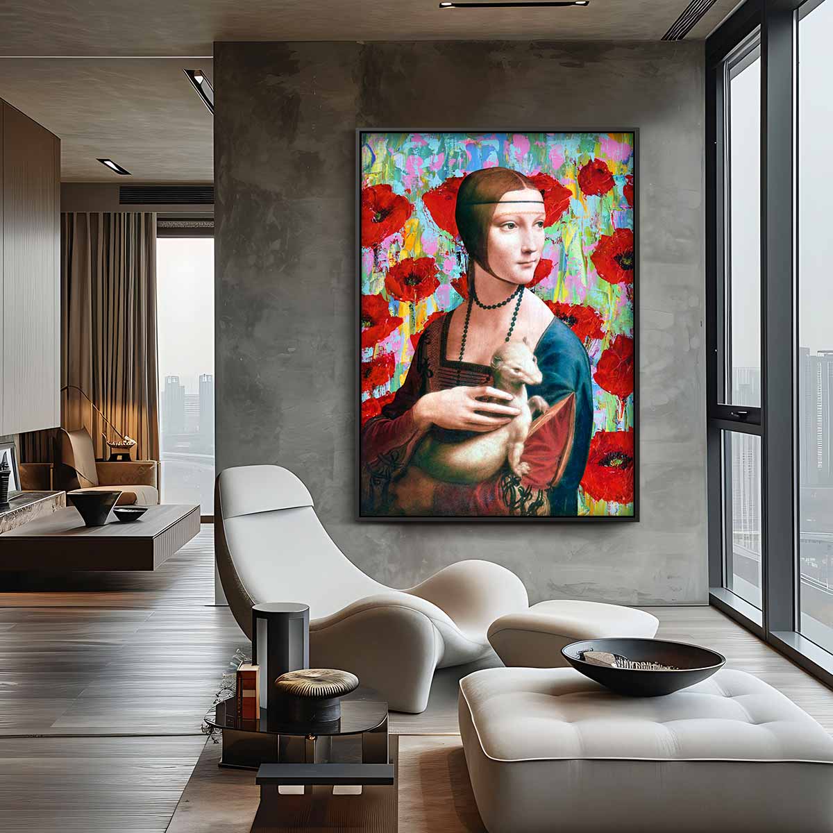 Vrouw met Wezel en Rode Bloemen Kunstwerk-canvas-dibond-plexiglas-wanddecoratie-WallArtistic