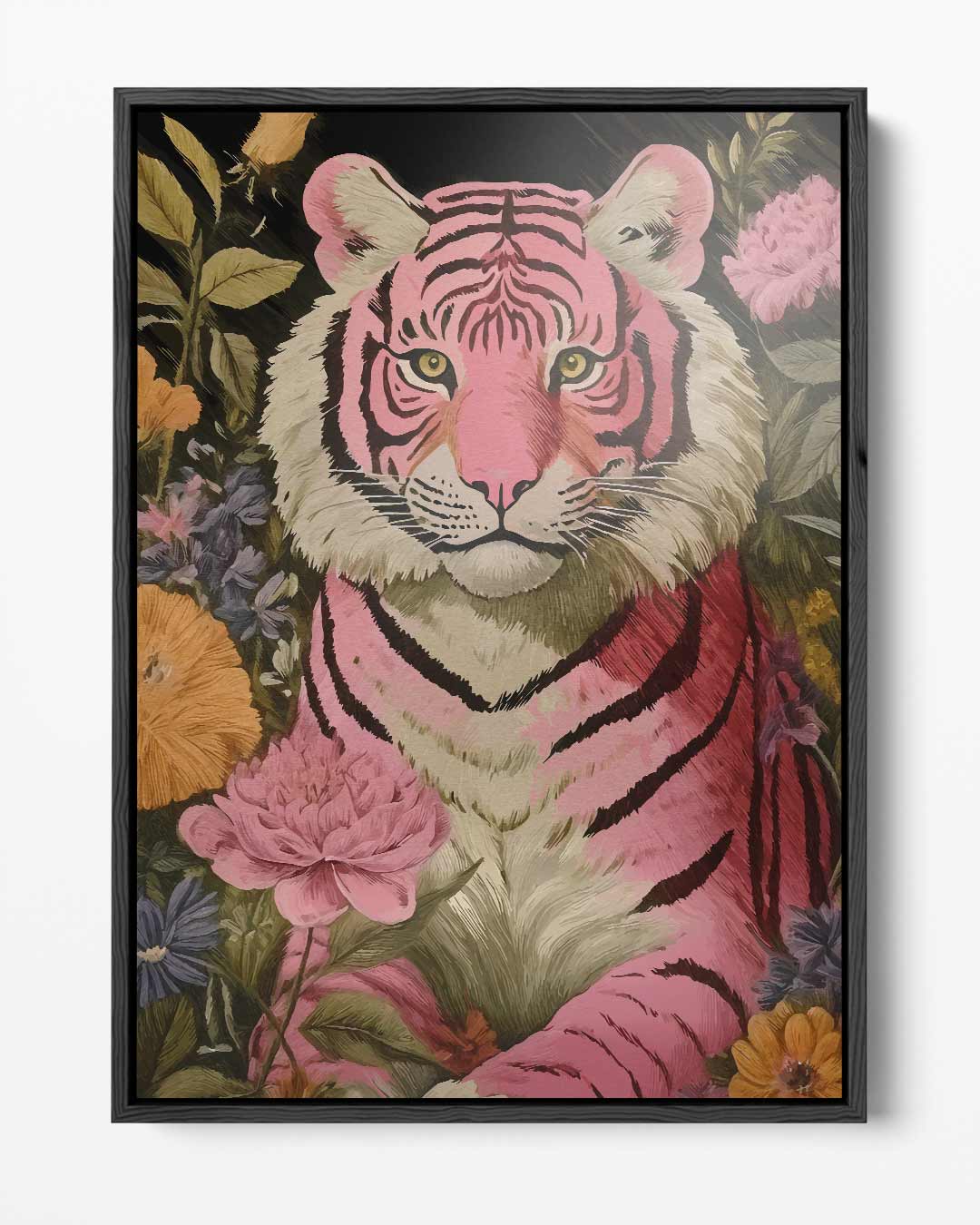 Roze Tijger in Bloemenzee Kunstwerk-canvas-dibond-plexiglas-wanddecoratie-WallArtistic