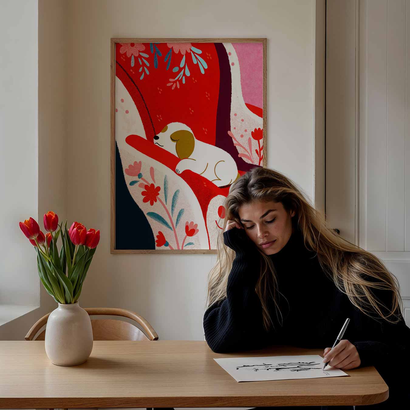 Schattige Puppy op Rode Fauteuil Poster-WallArtistic