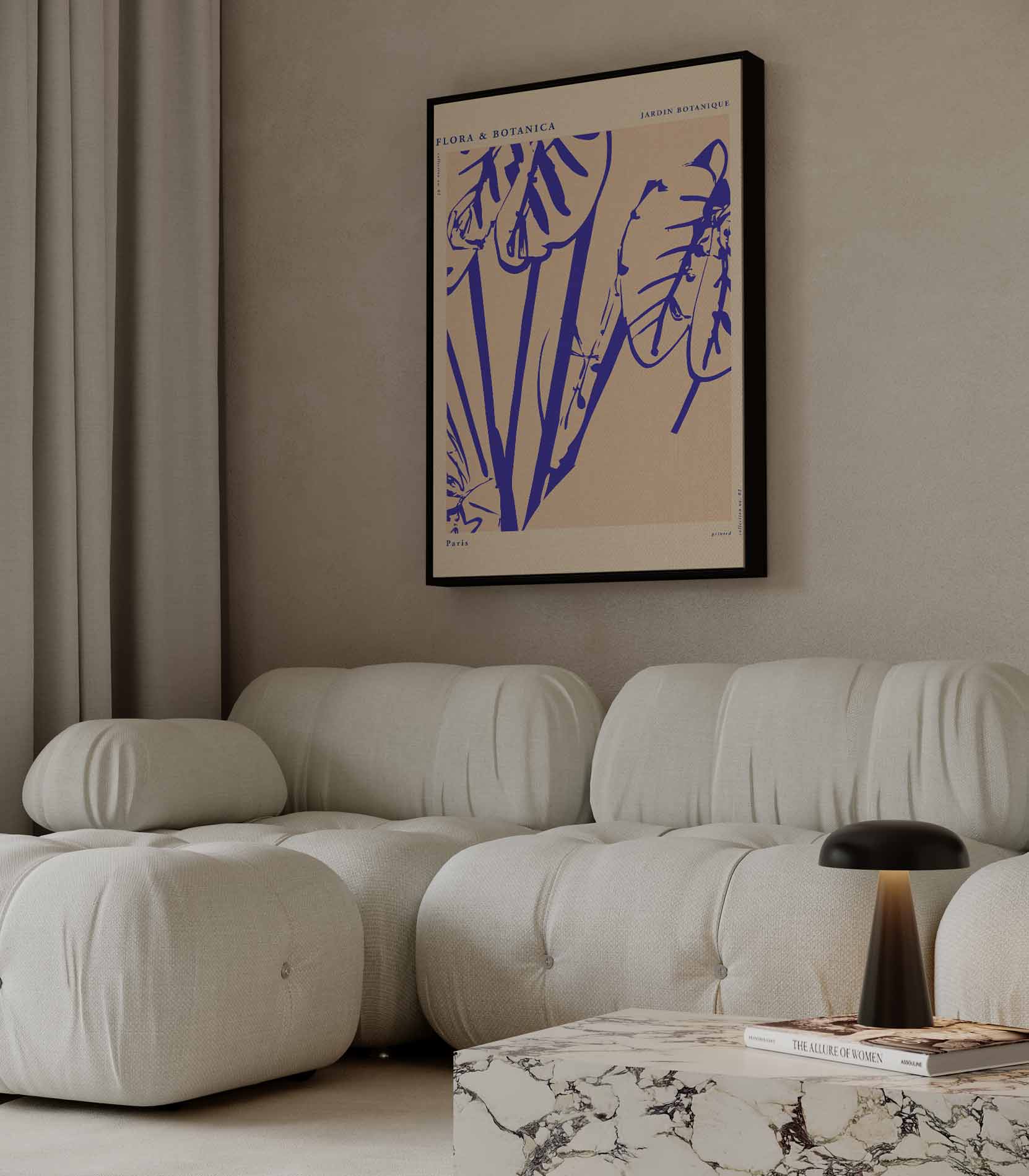 Botanische Bladprint in Blauw Kunstwerk-canvas-dibond-plexiglas-wanddecoratie-WallArtistic