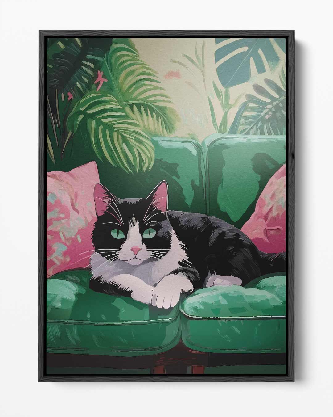 Relaxende Kat in Groene Jungle Kunstwerk-canvas-dibond-plexiglas-wanddecoratie-WallArtistic
