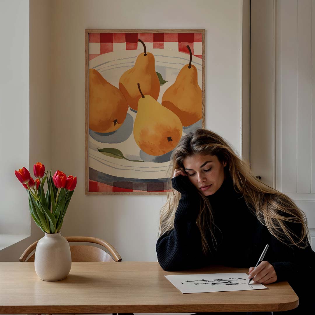 Sfeervolle Perziken op Rood-Wit Tafellaken Poster-WallArtistic