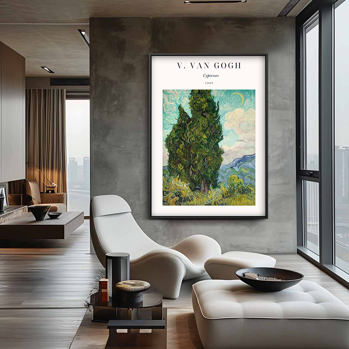 Cypresses in een Wervelende Hemel Kunstwerk-canvas-dibond-plexiglas-wanddecoratie-WallArtistic