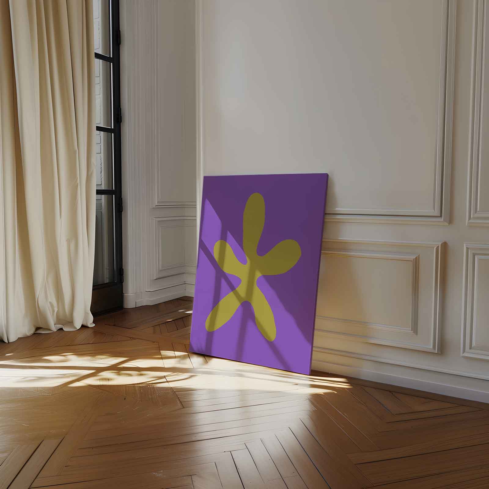 Vrolijke Gele Ster op Paars Kunstwerk-canvas-dibond-plexiglas-wanddecoratie-WallArtistic