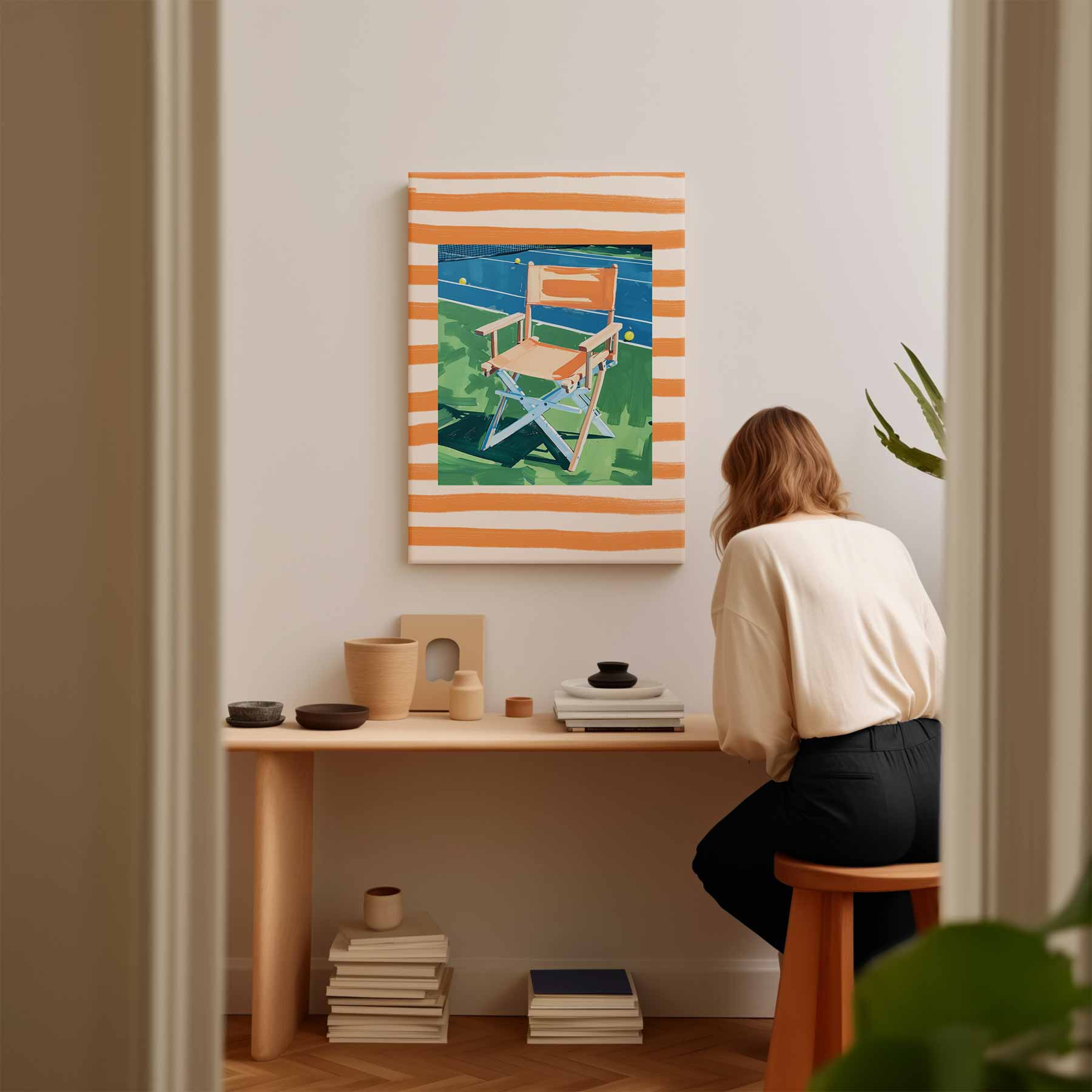 Zomerse Stoel op de Tennisbaan Kunstwerk-canvas-dibond-plexiglas-wanddecoratie-WallArtistic