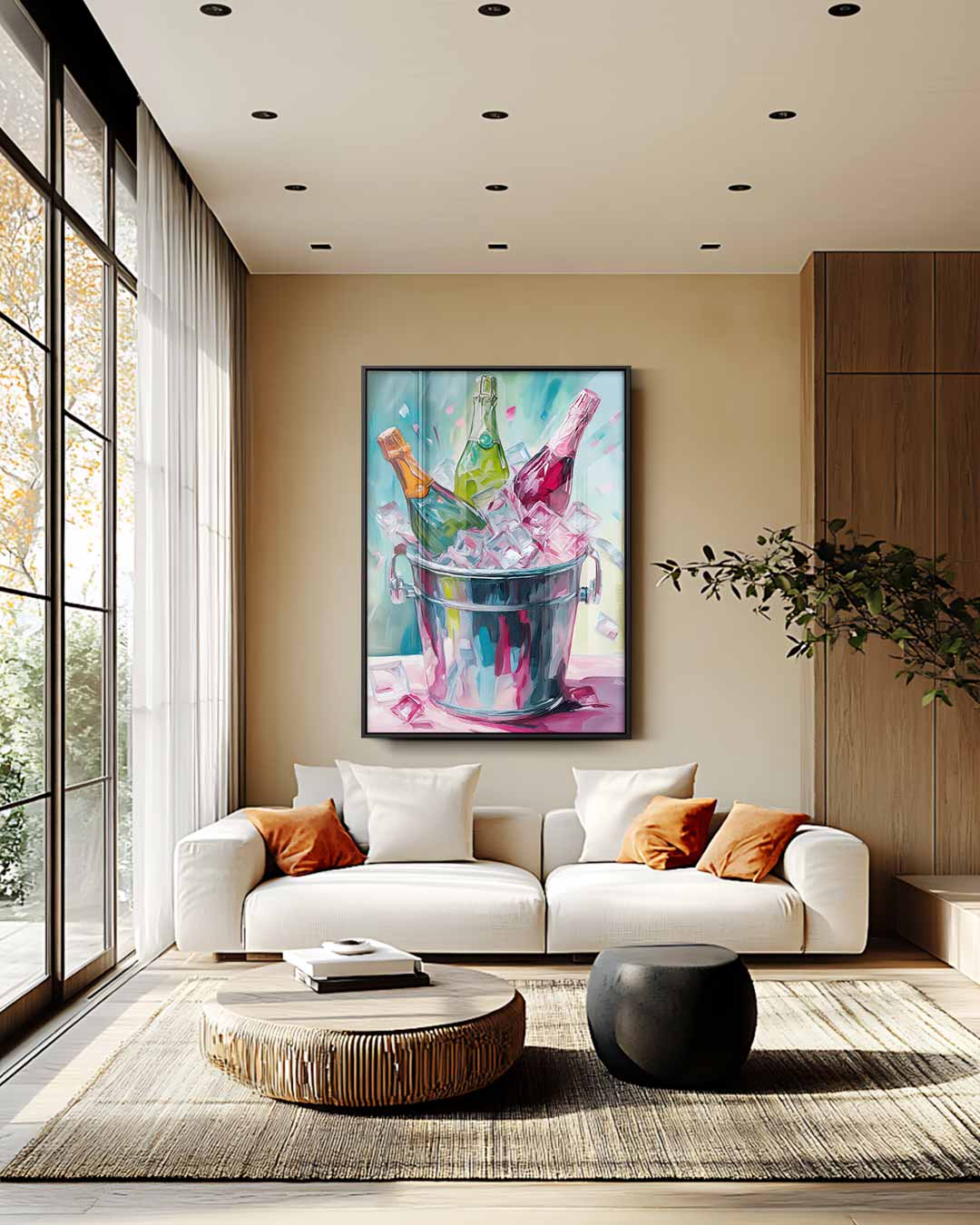 Drie Champagneflessen op IJs Kunstwerk-canvas-dibond-plexiglas-wanddecoratie-WallArtistic