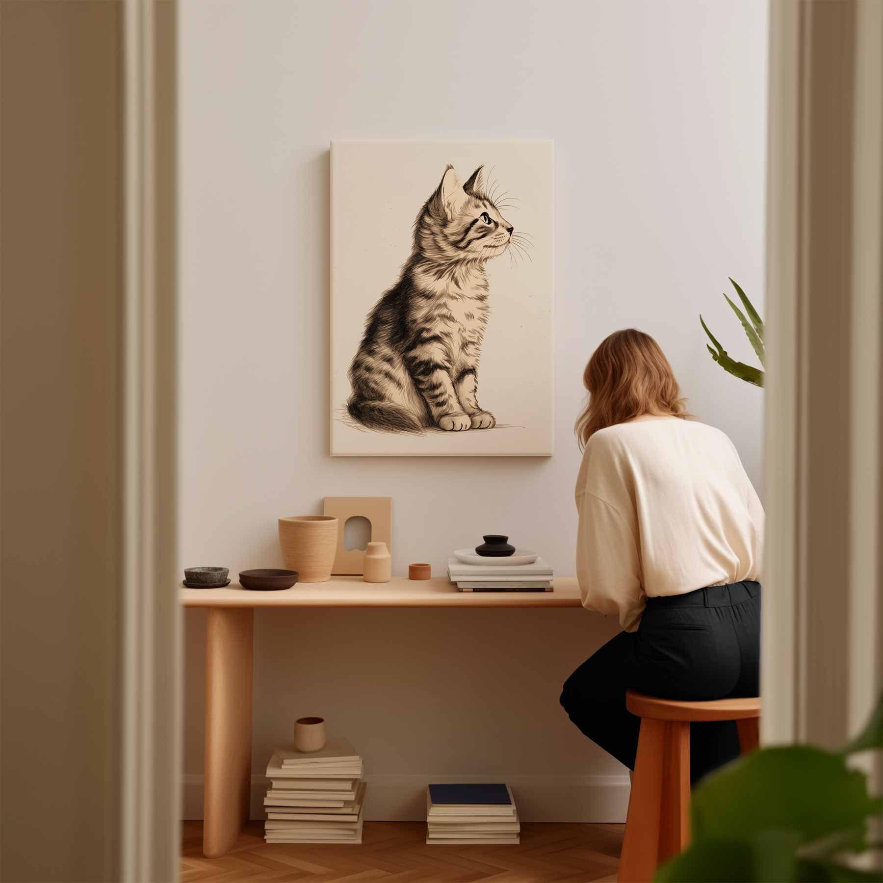 Dromerige Kat in Potlood Kunstwerk-canvas-dibond-plexiglas-wanddecoratie-WallArtistic