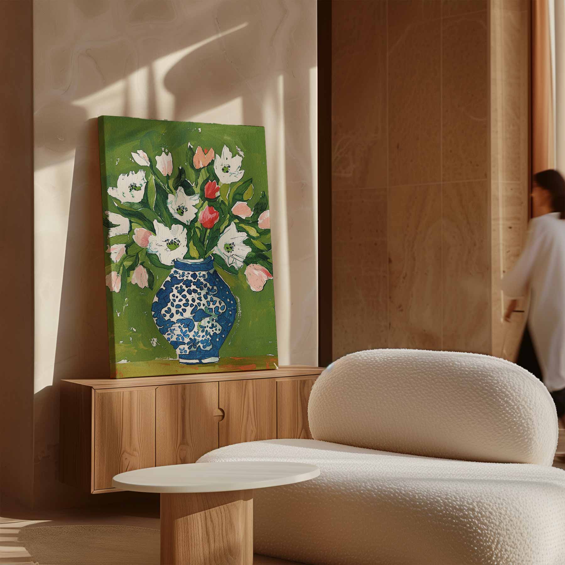 Bloemen in Blauwe Vaas Kunstwerk-canvas-dibond-plexiglas-wanddecoratie-WallArtistic