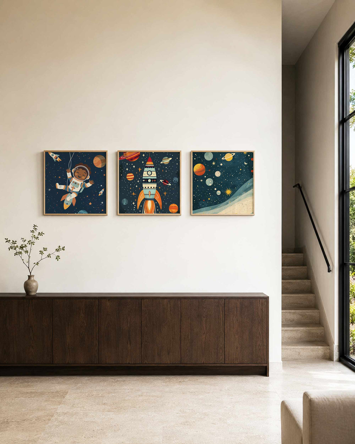 Interieurpresentatie van een driedelige vierkante posterset met ruimtevaart en planeten