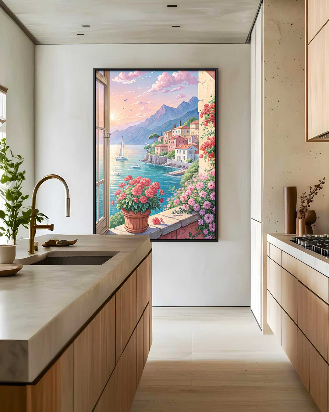 Mediterraans Uitzicht bij Zonsondergang Kunstwerk-canvas-dibond-plexiglas-wanddecoratie-WallArtistic