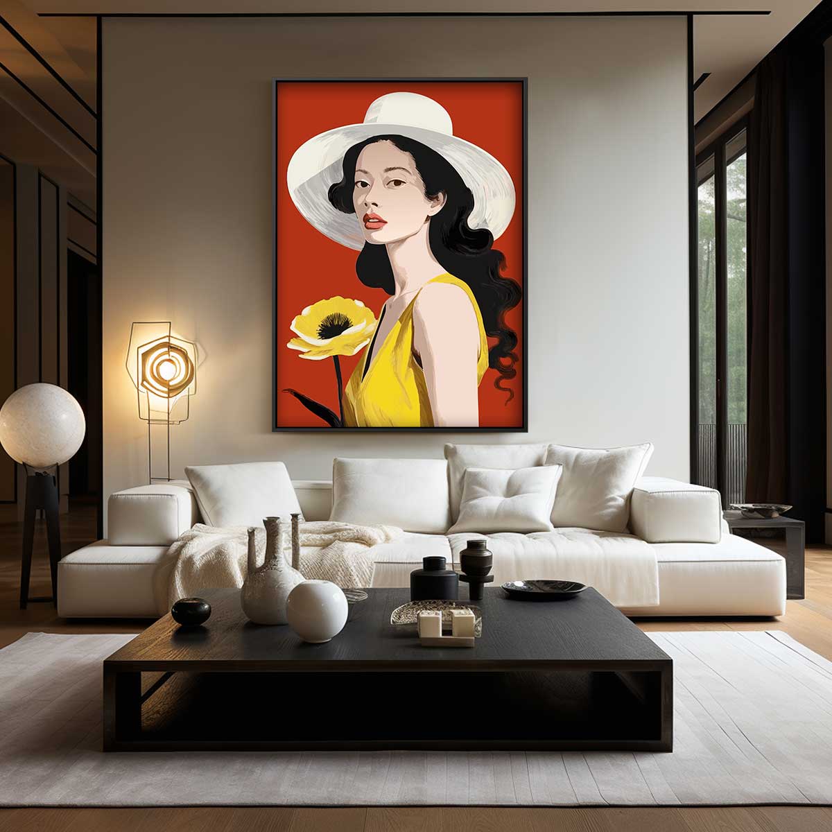 Vrouw en Bloem in Zomerhoed Kunstwerk-canvas-dibond-plexiglas-wanddecoratie-WallArtistic