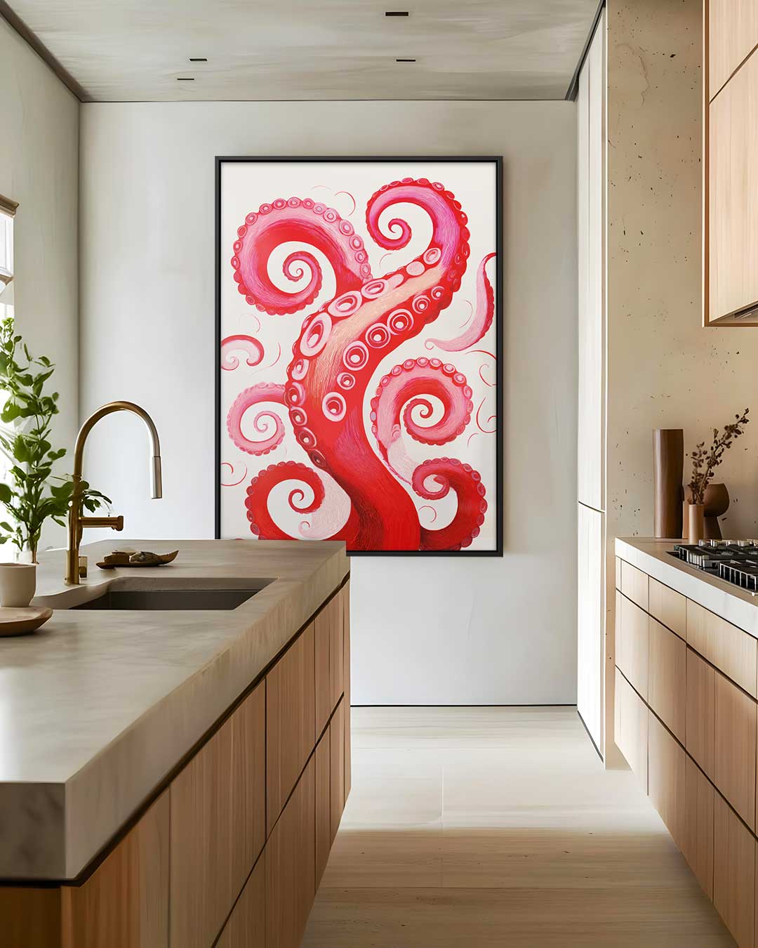 Rode Octopus Tentakel Illusie Kunstwerk-canvas-dibond-plexiglas-wanddecoratie-WallArtistic