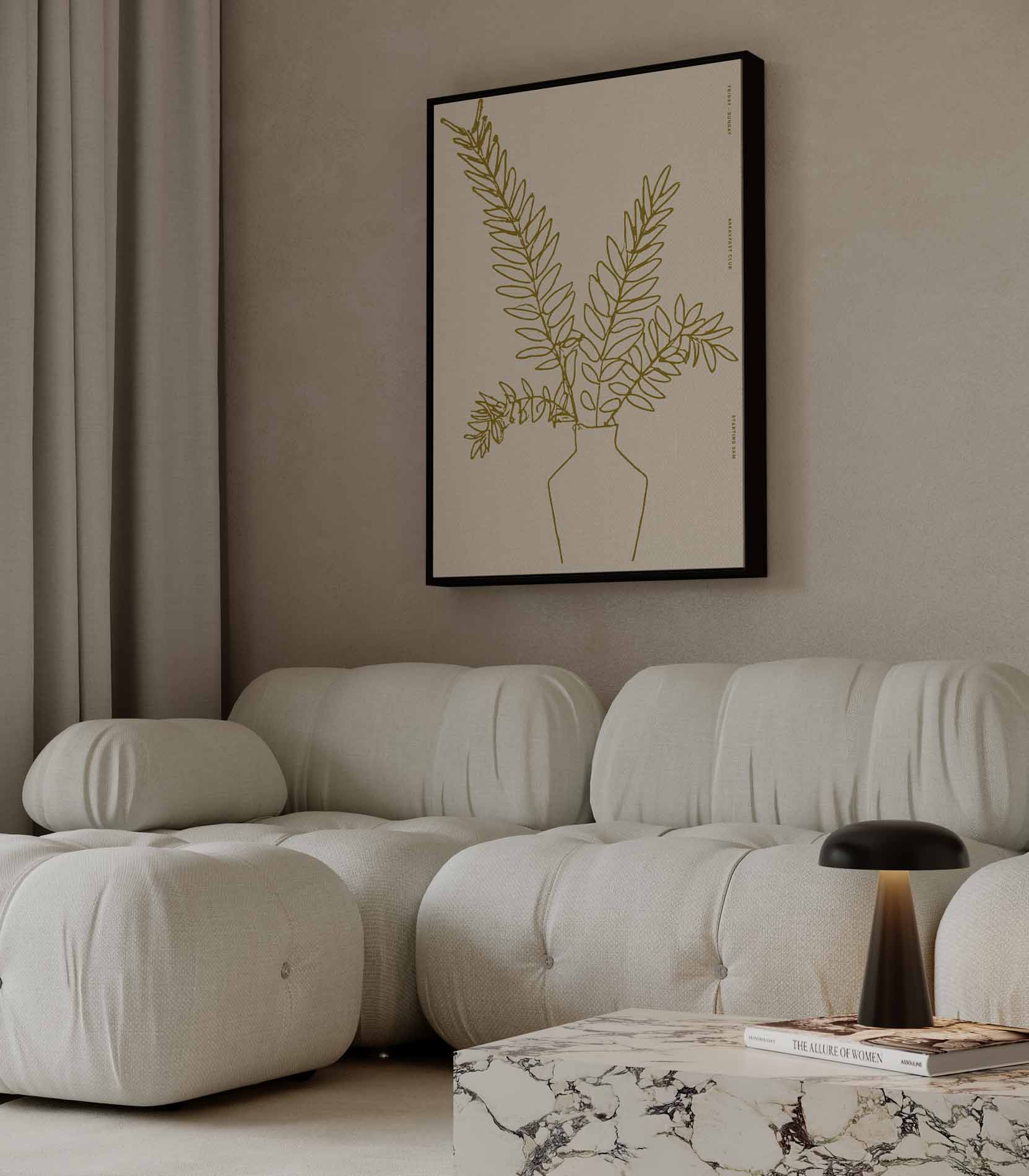 Minimalistische Bladeren in Vaas Kunstwerk-canvas-dibond-plexiglas-wanddecoratie-WallArtistic