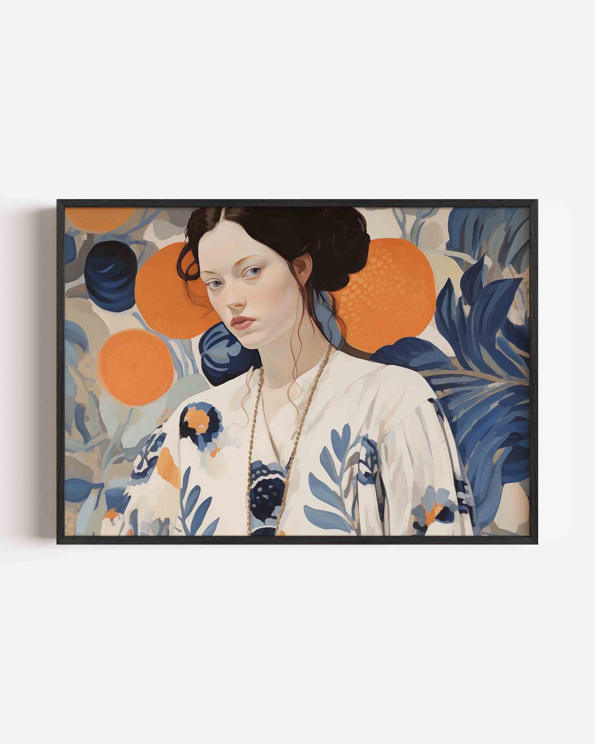 Vrouw met oranje en blauwe accenten Poster
