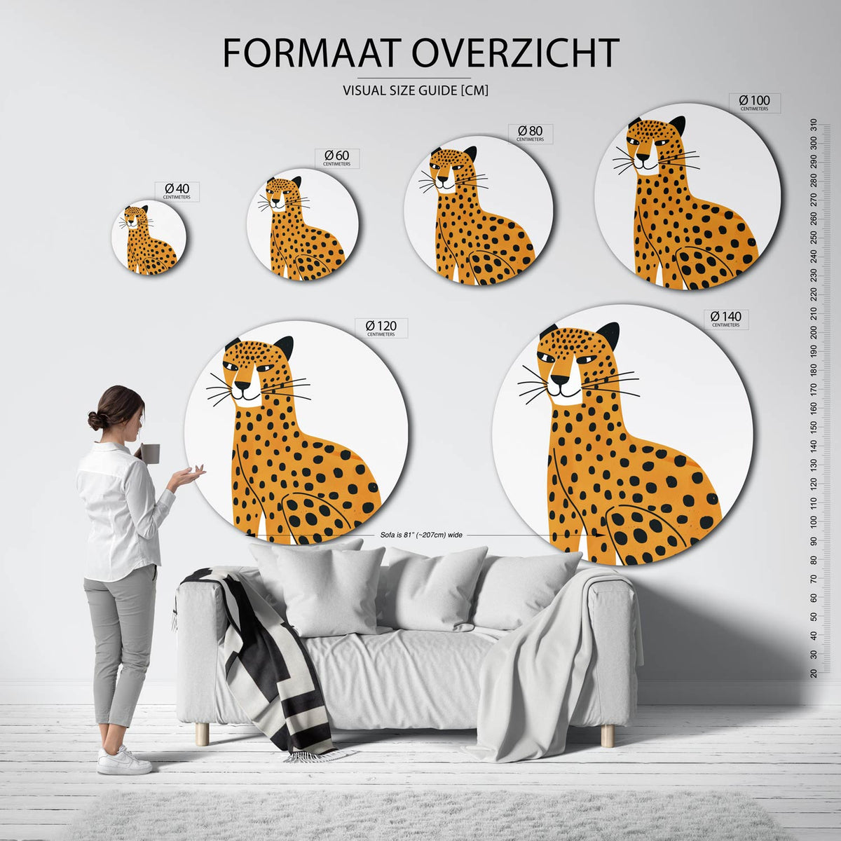 Luipaard illustratie Muurcirkel – extra productweergave – Een luipaard met zwarte vlekken op een oranje achtergrond.