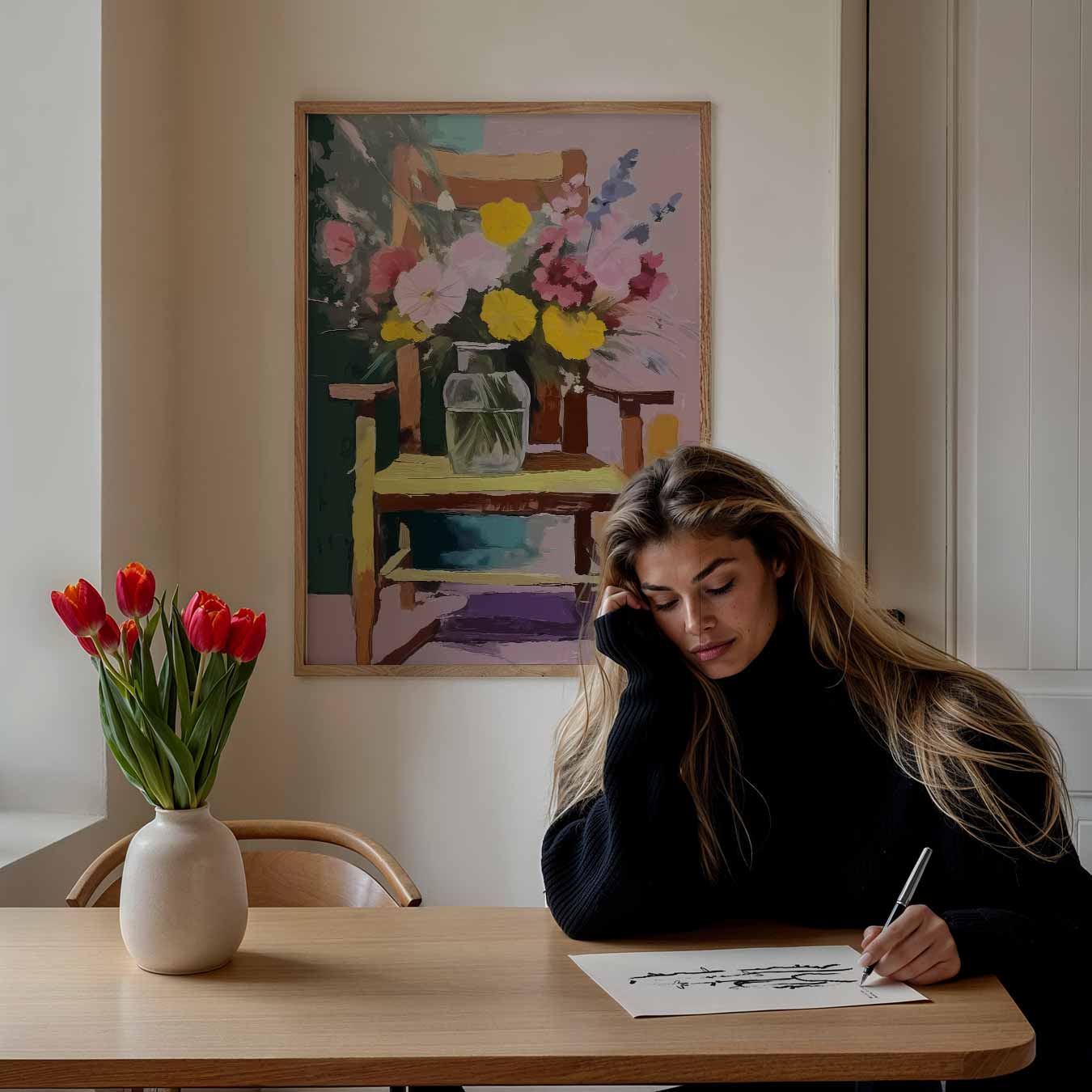 Romantische Bloemenpracht op Houten Stoel Poster