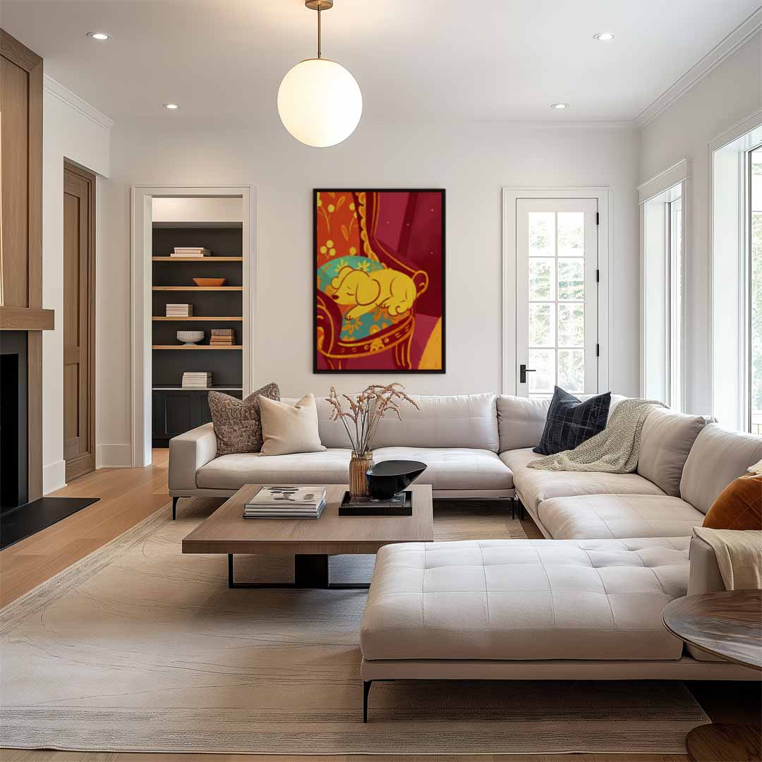 Slapende Puppy op Bloemenstoel Kunstwerk-canvas-dibond-plexiglas-wanddecoratie-WallArtistic