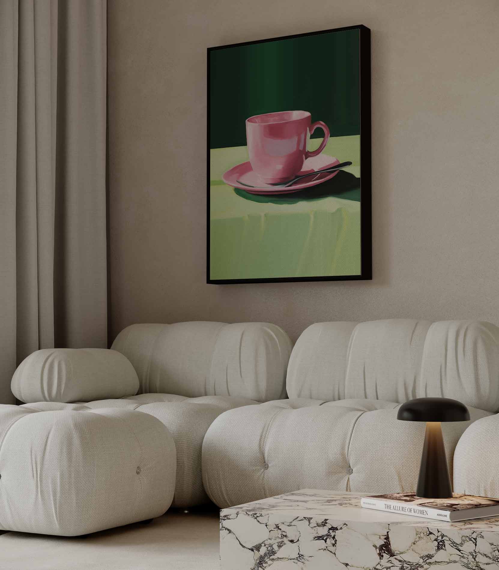 Roze Kopje op Groen Tafellaken Kunstwerk-canvas-dibond-plexiglas-wanddecoratie-WallArtistic