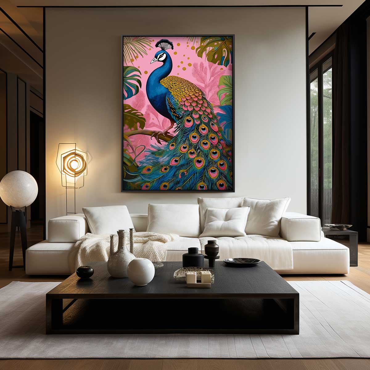 Kleurrijke Pauw in Tropisch Paradijs Kunstwerk-canvas-dibond-plexiglas-wanddecoratie-WallArtistic