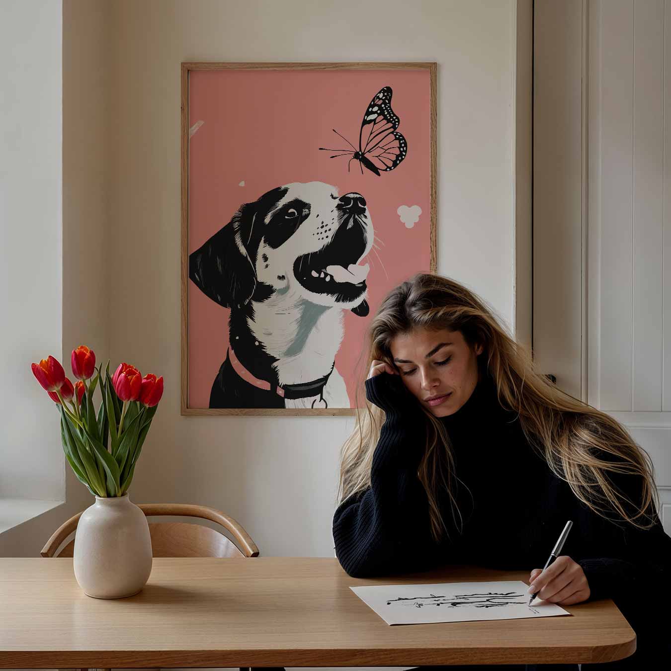 Vrolijke Hond en Vlinder Poster
