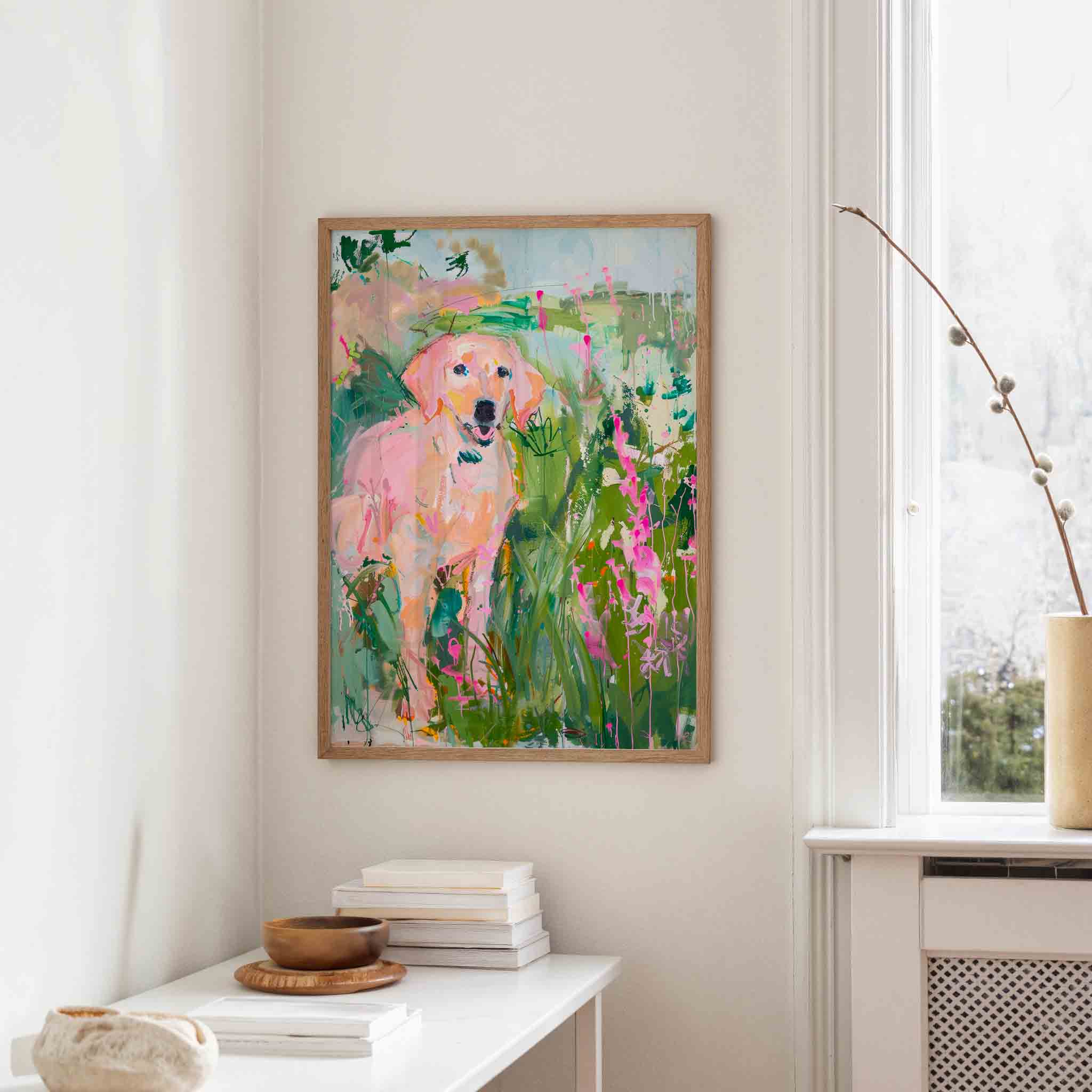 Hond in kleurrijke bloemen Poster